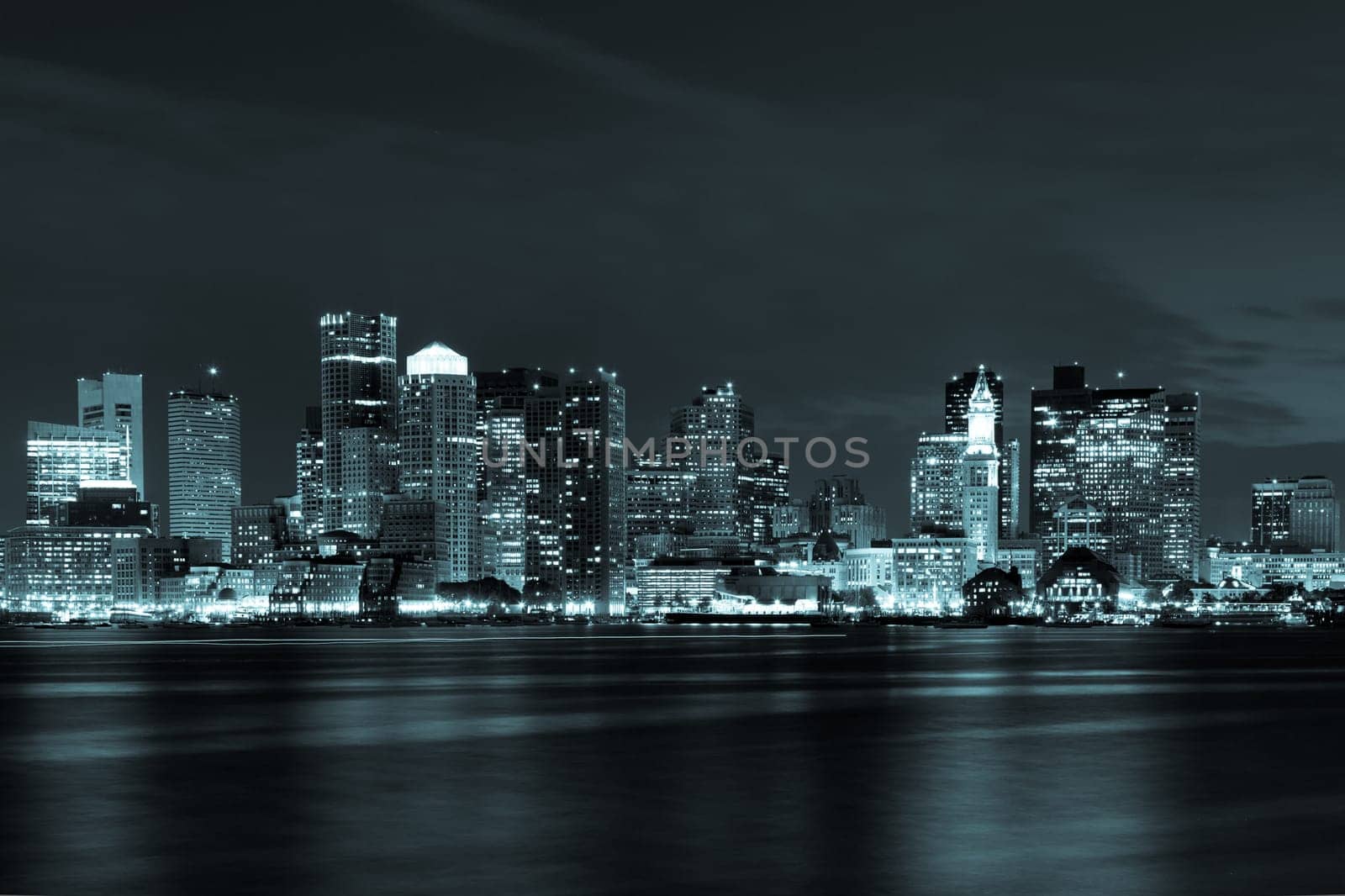 Boston skyline by night from East Boston, Massachusetts - USA