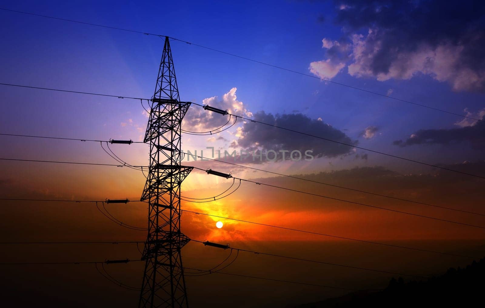 Dramatic clouds sky and electric tower backlight silhouette
