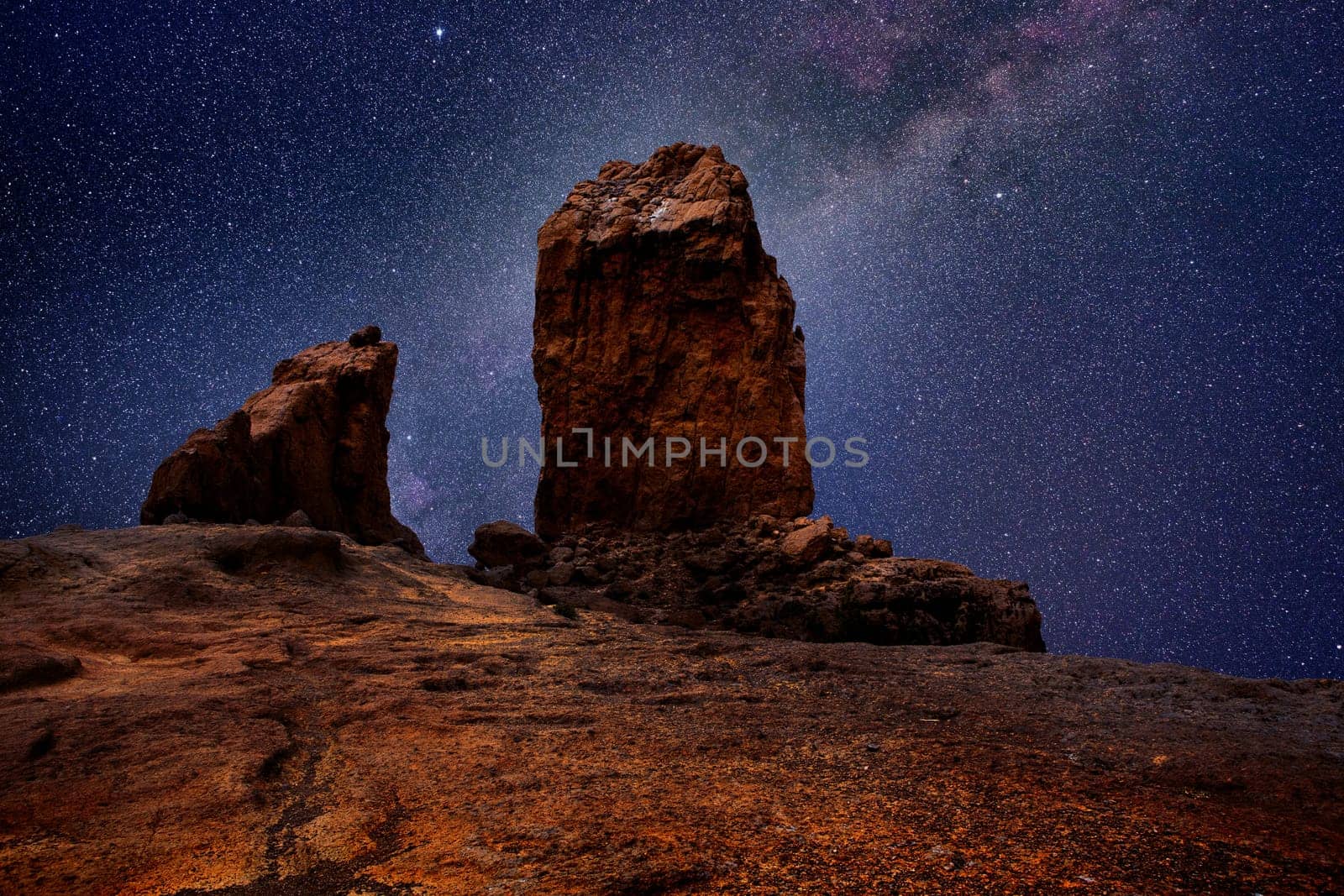 Gran canaria roque nublo in night stars light photo mount