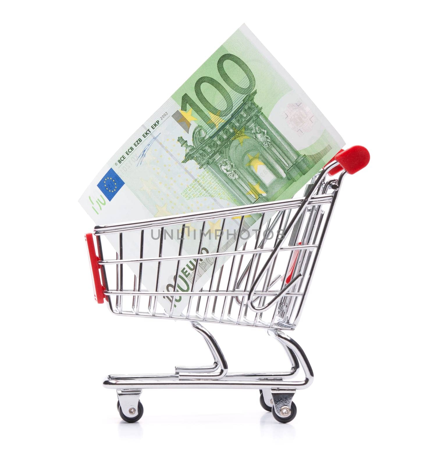 Spending money concept - shopping cart (shopping trolley) with money.