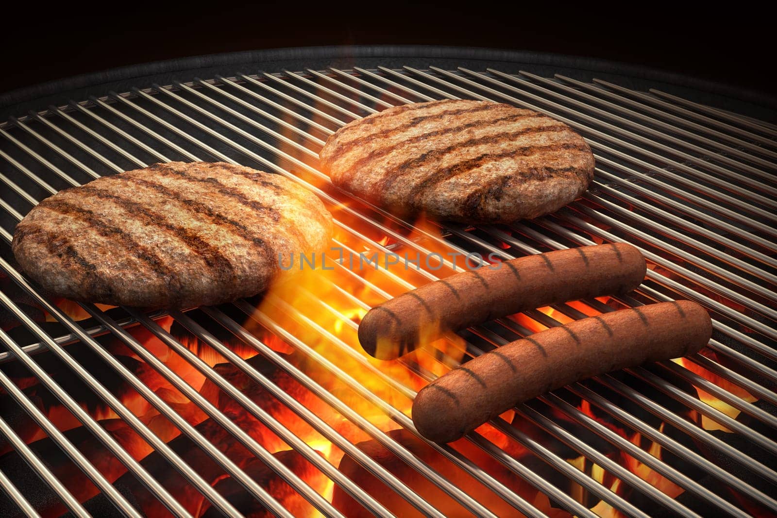 Hamburger patties and hot dogs on the grill under flaming coals