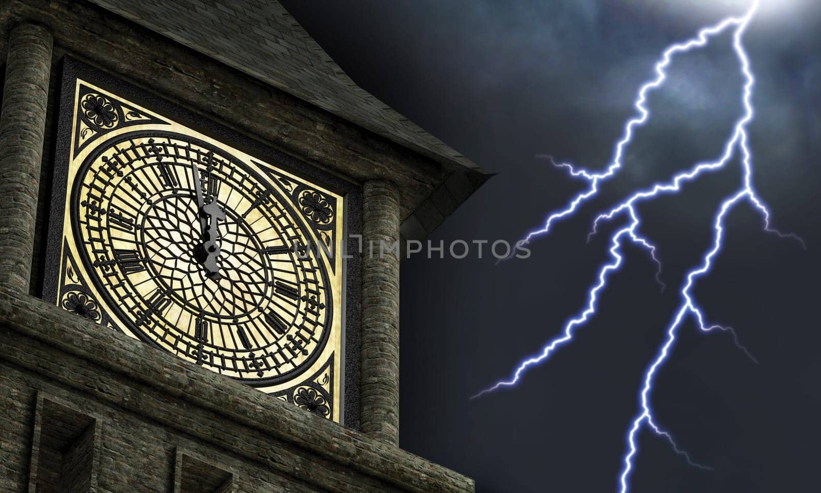 Clock face on a clock tower with the hands near midnight while lightning bolts streak through the sky in the background