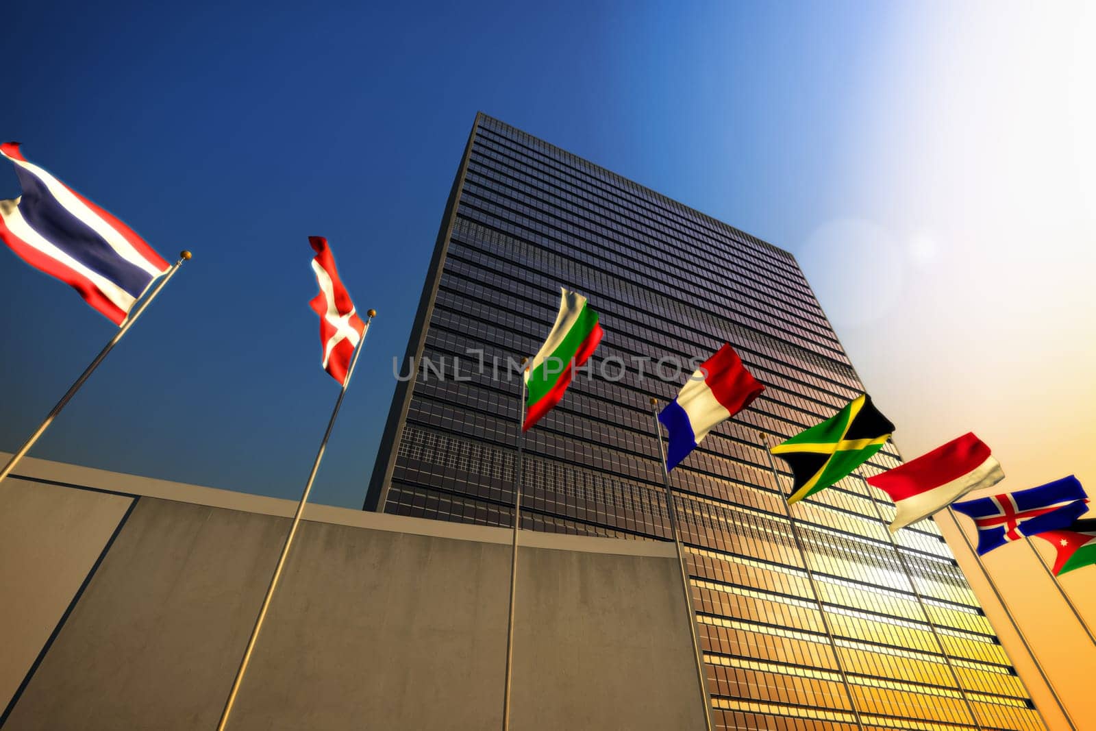 The United Nations building at sunset