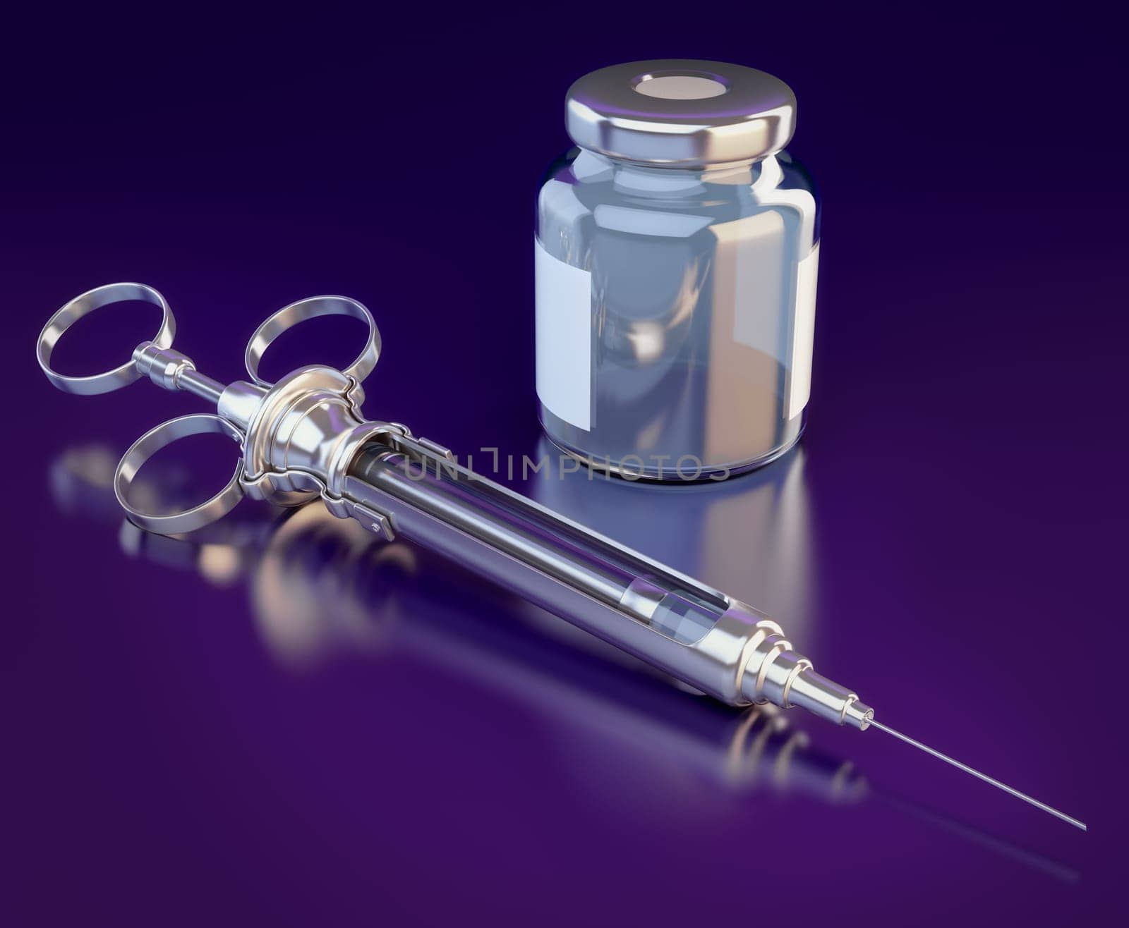 A vintage styled syringe and vaccine bottle over reflective background.