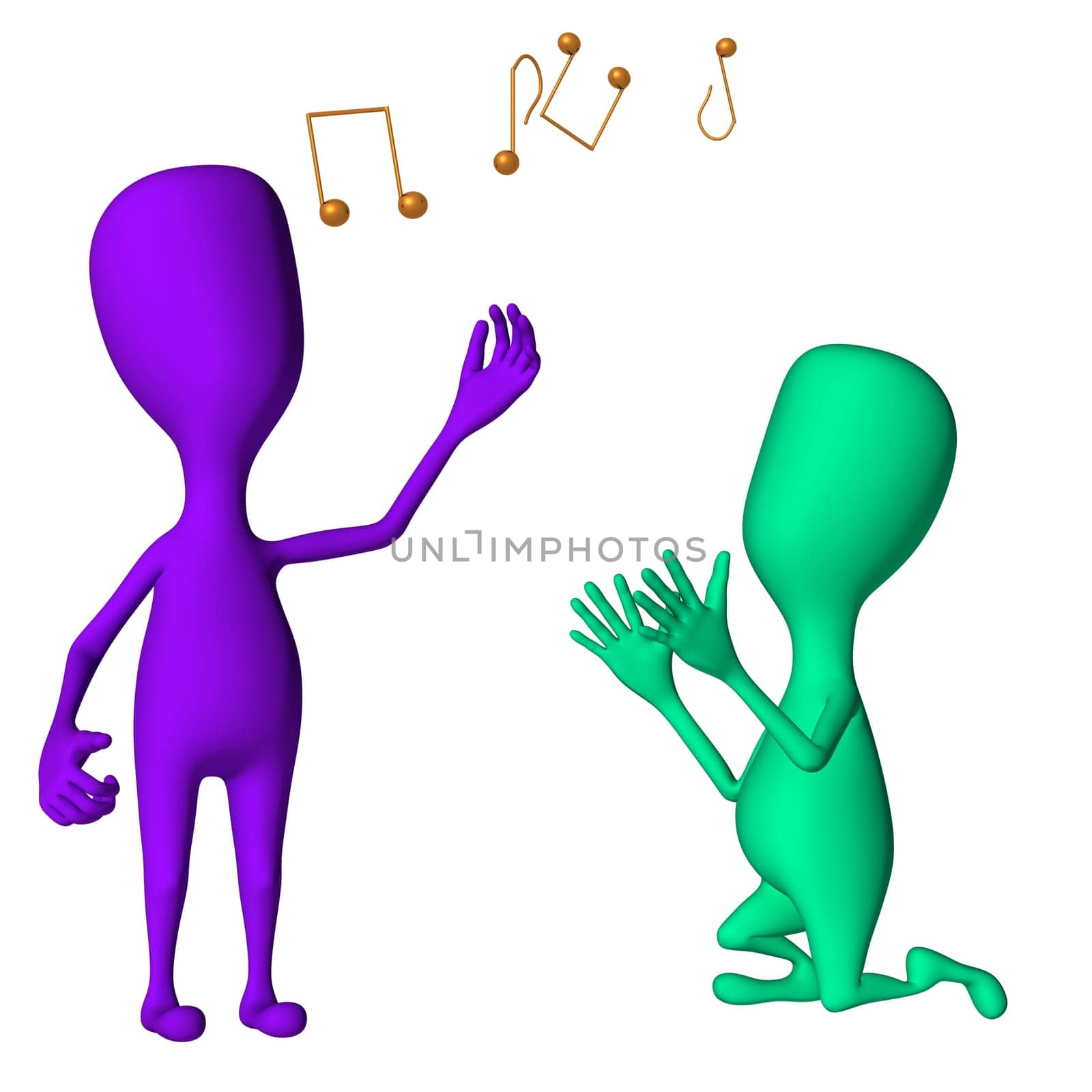 Two different 3d puppets mimicking singing and request