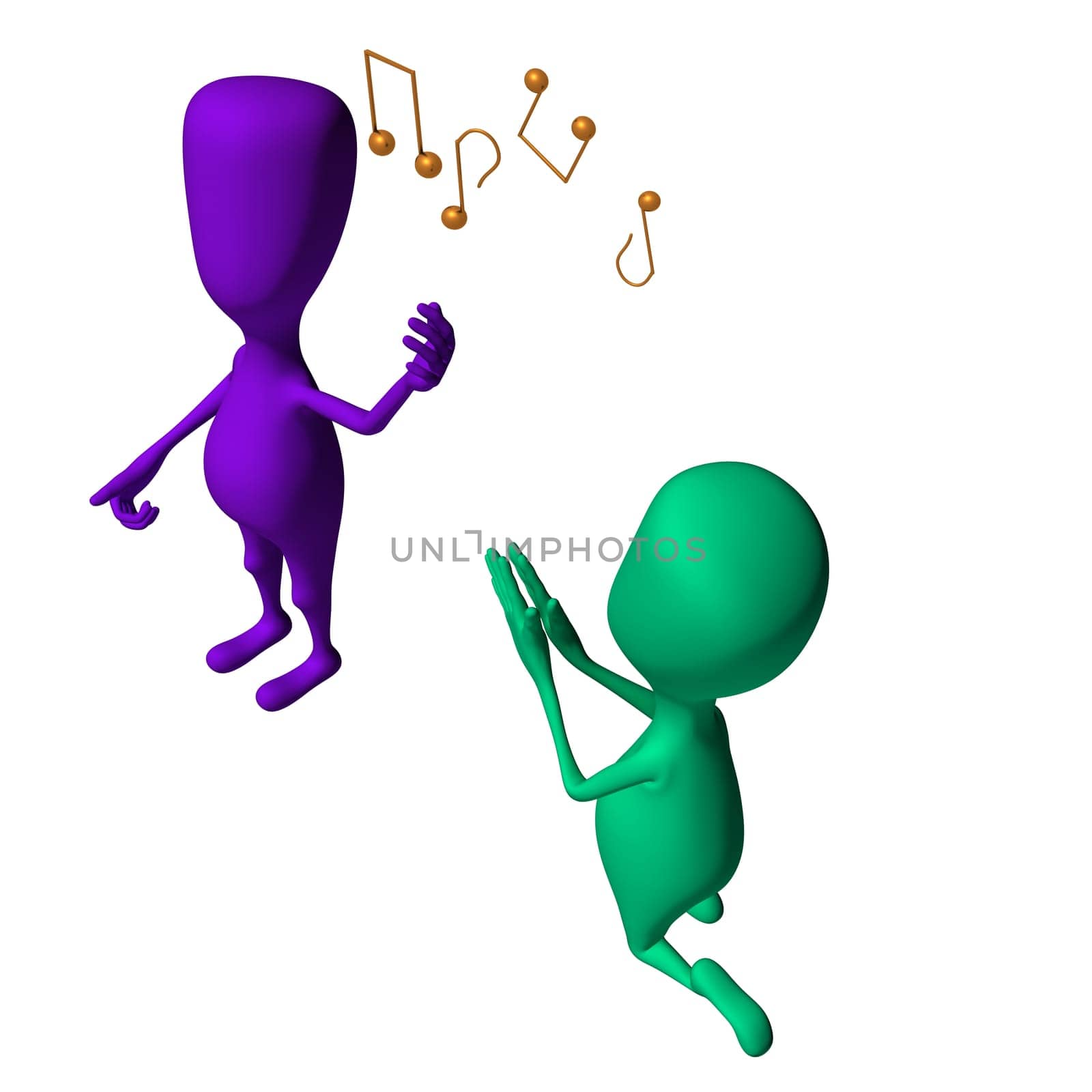 Two different 3d puppets singing and begging another