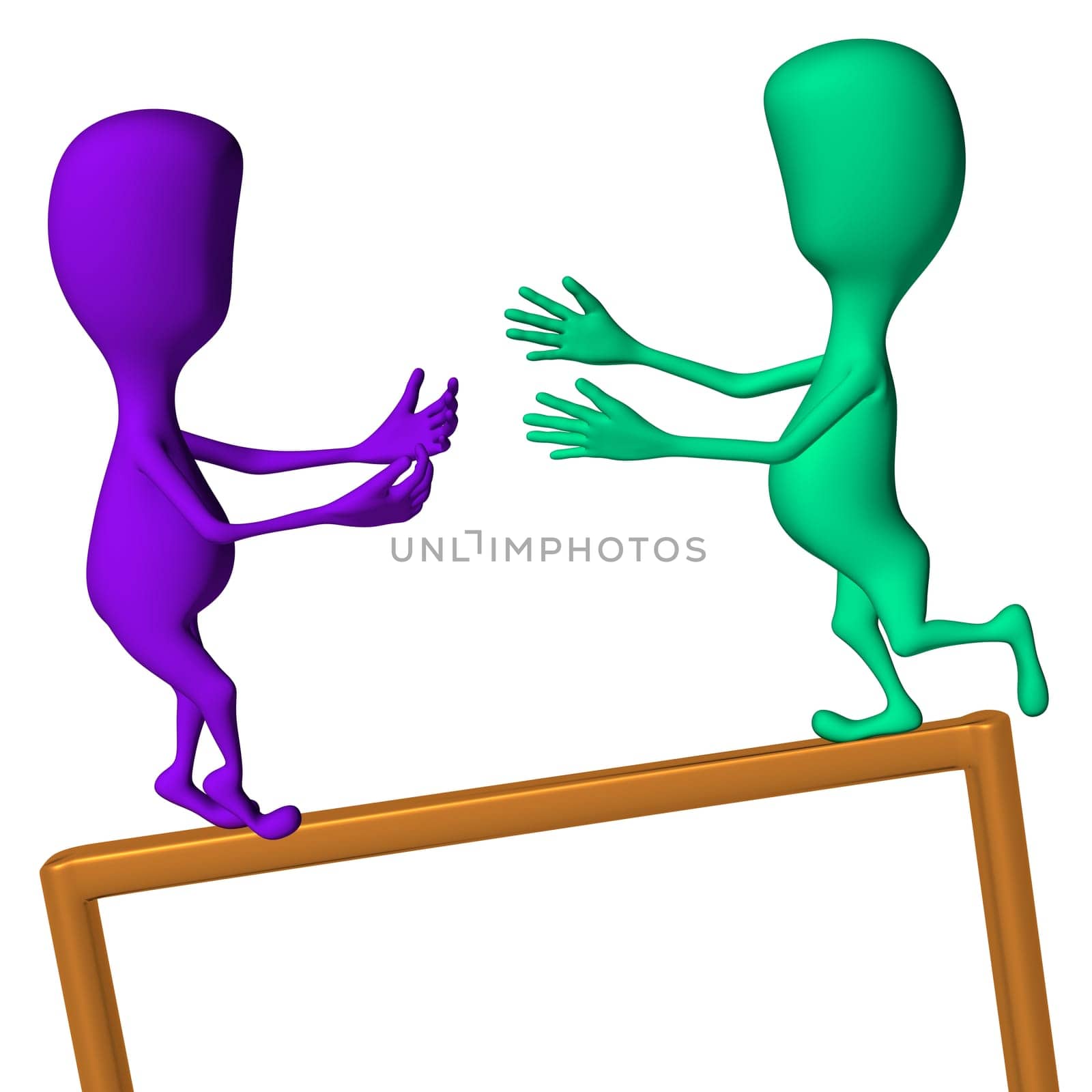 Purple 3d puppet encourage green to make step