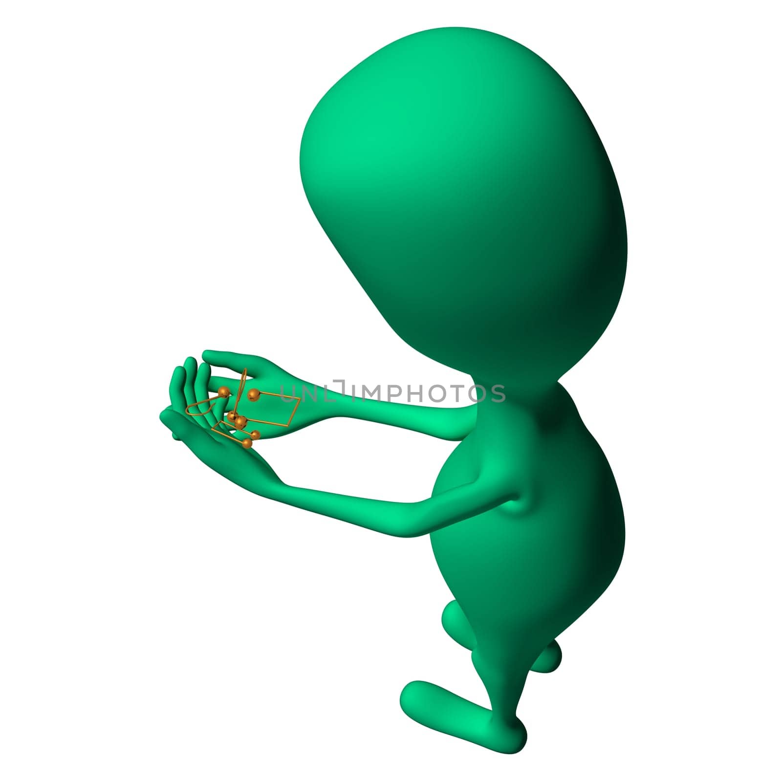 Green 3d puppet looking on small yellow notes