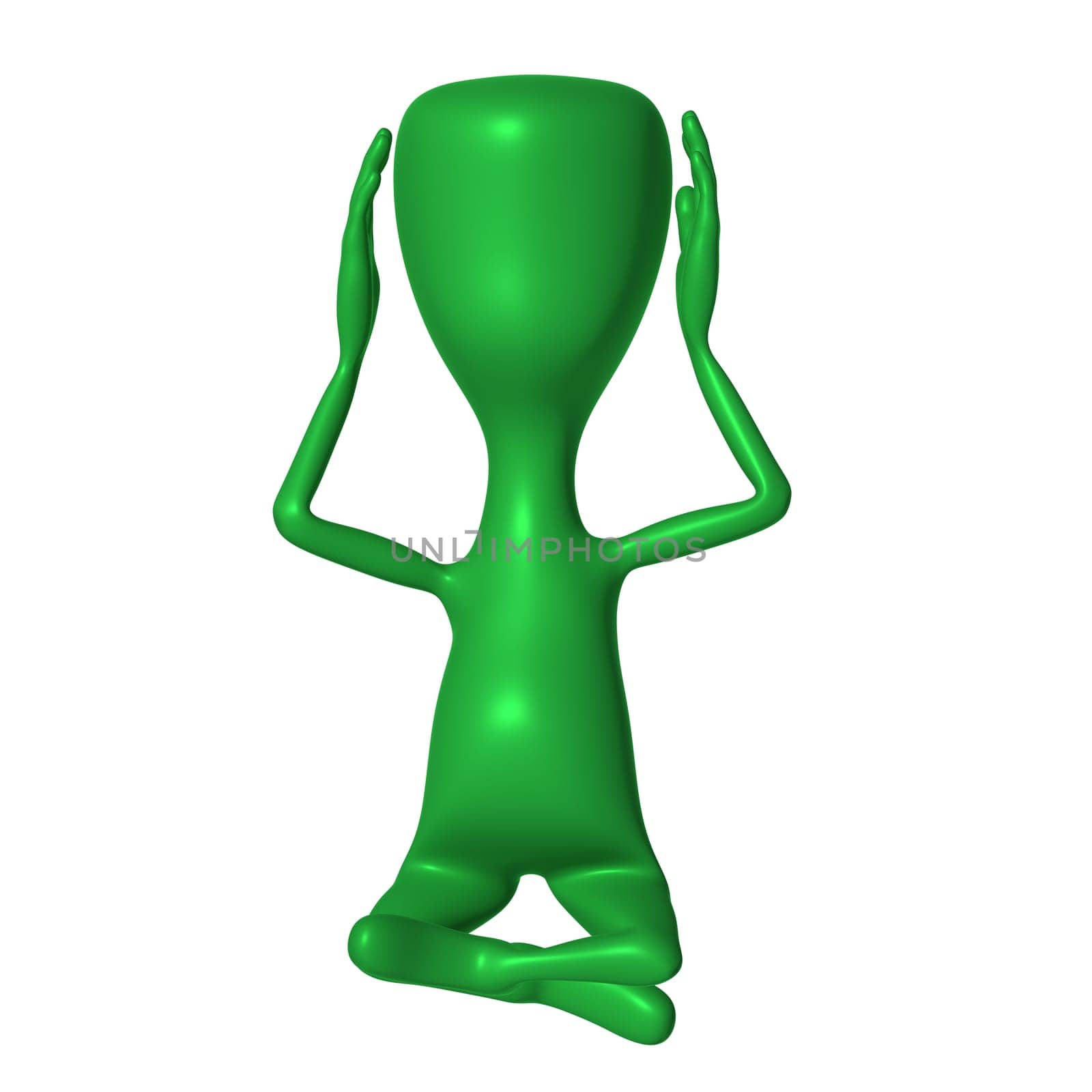 Green 3d puppet mimicking touching head by hands