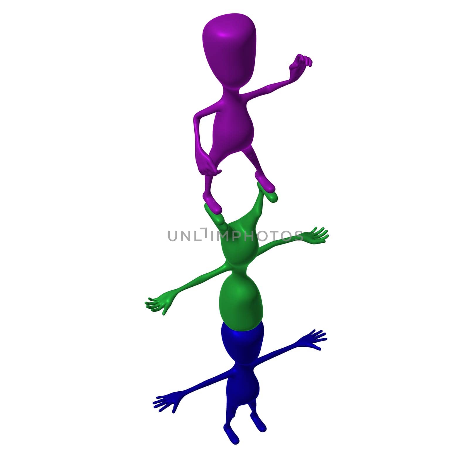 Three 3d puppets posing on eachothers upside down