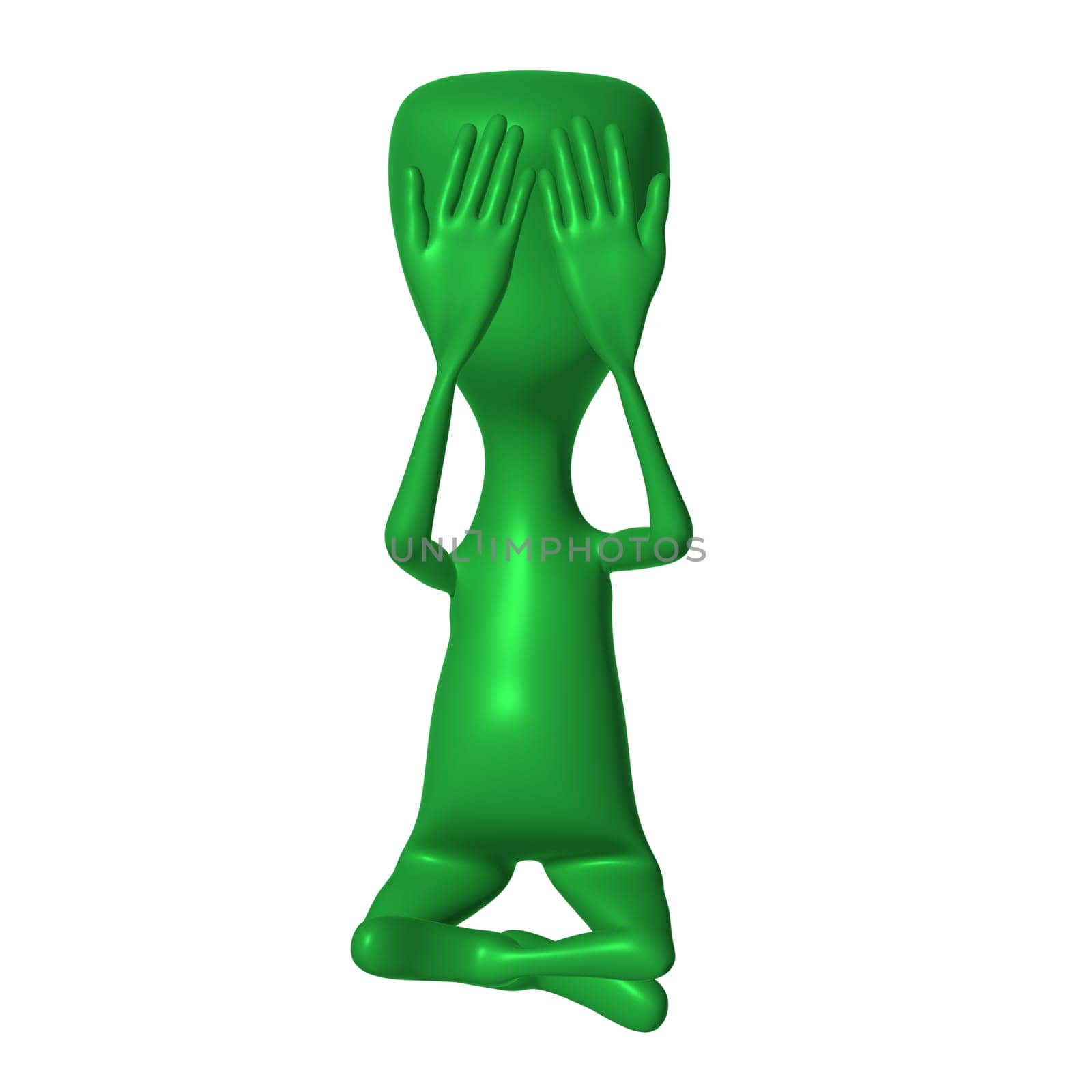 Green 3d puppet mimicking close eyes by hands