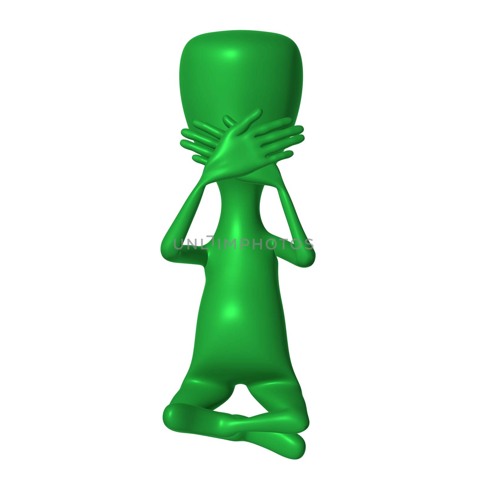 Green 3d puppet seriously close mouth by hands