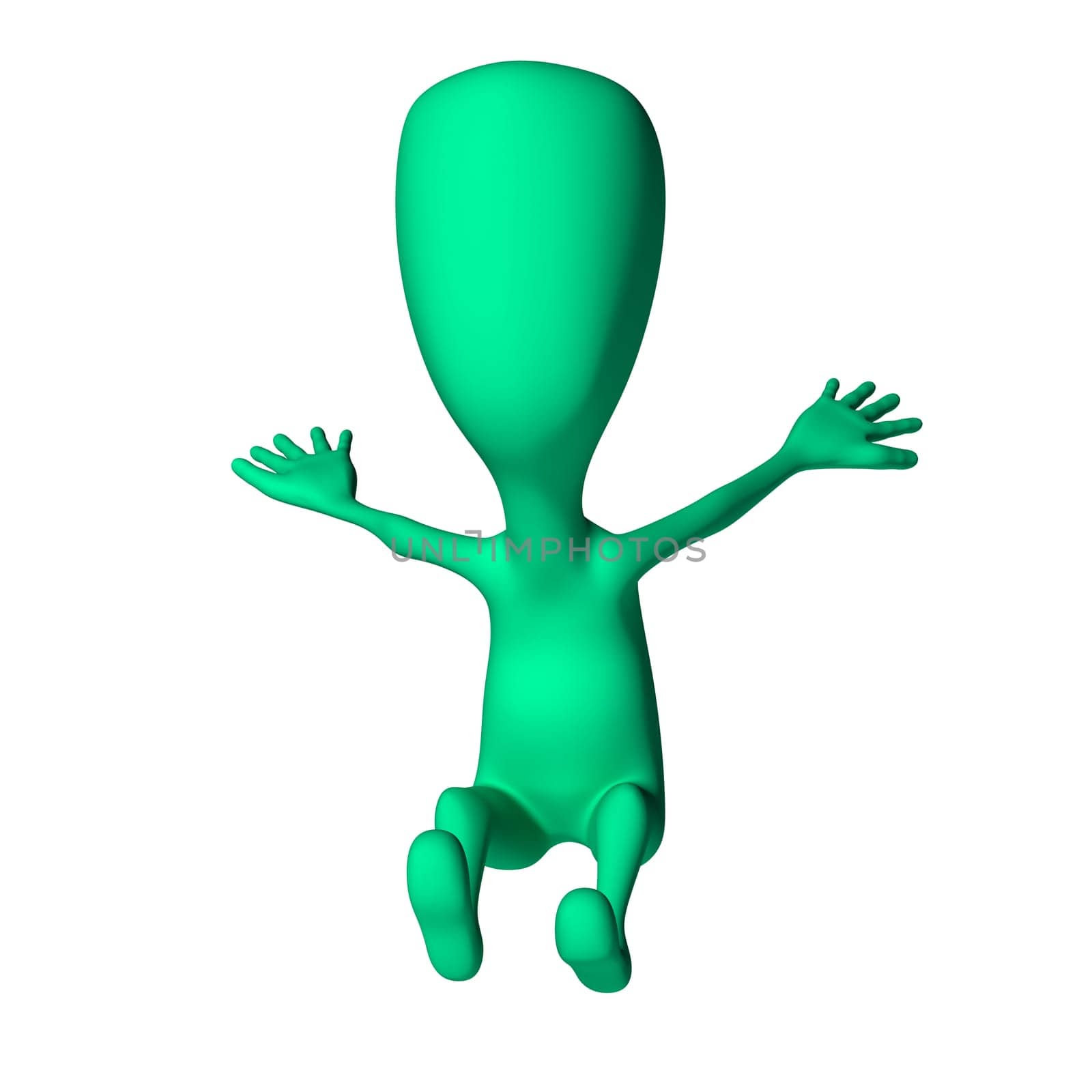 Green 3d puppet with strange shape mimicking landing