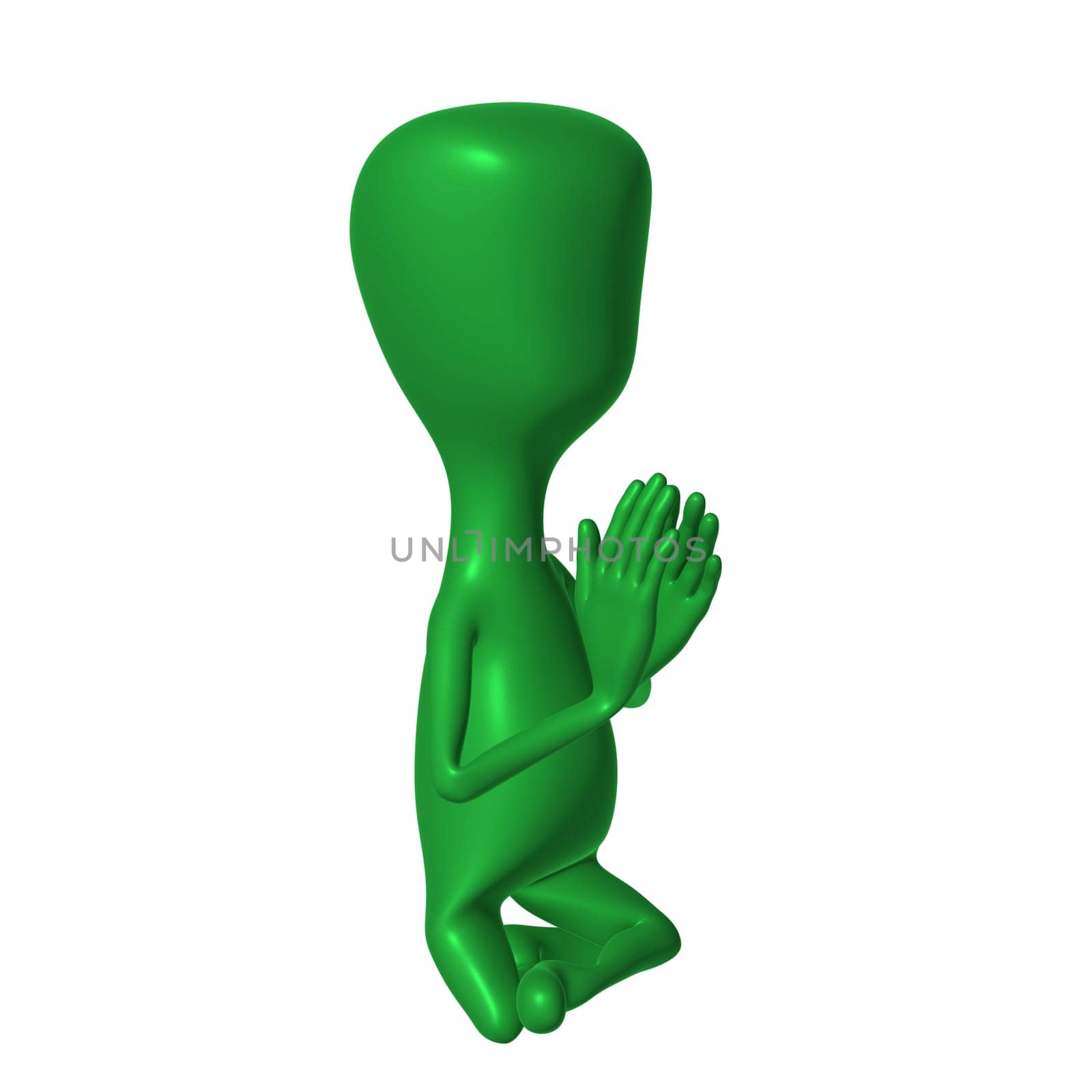 Green 3d puppet mimicking praying pose side view