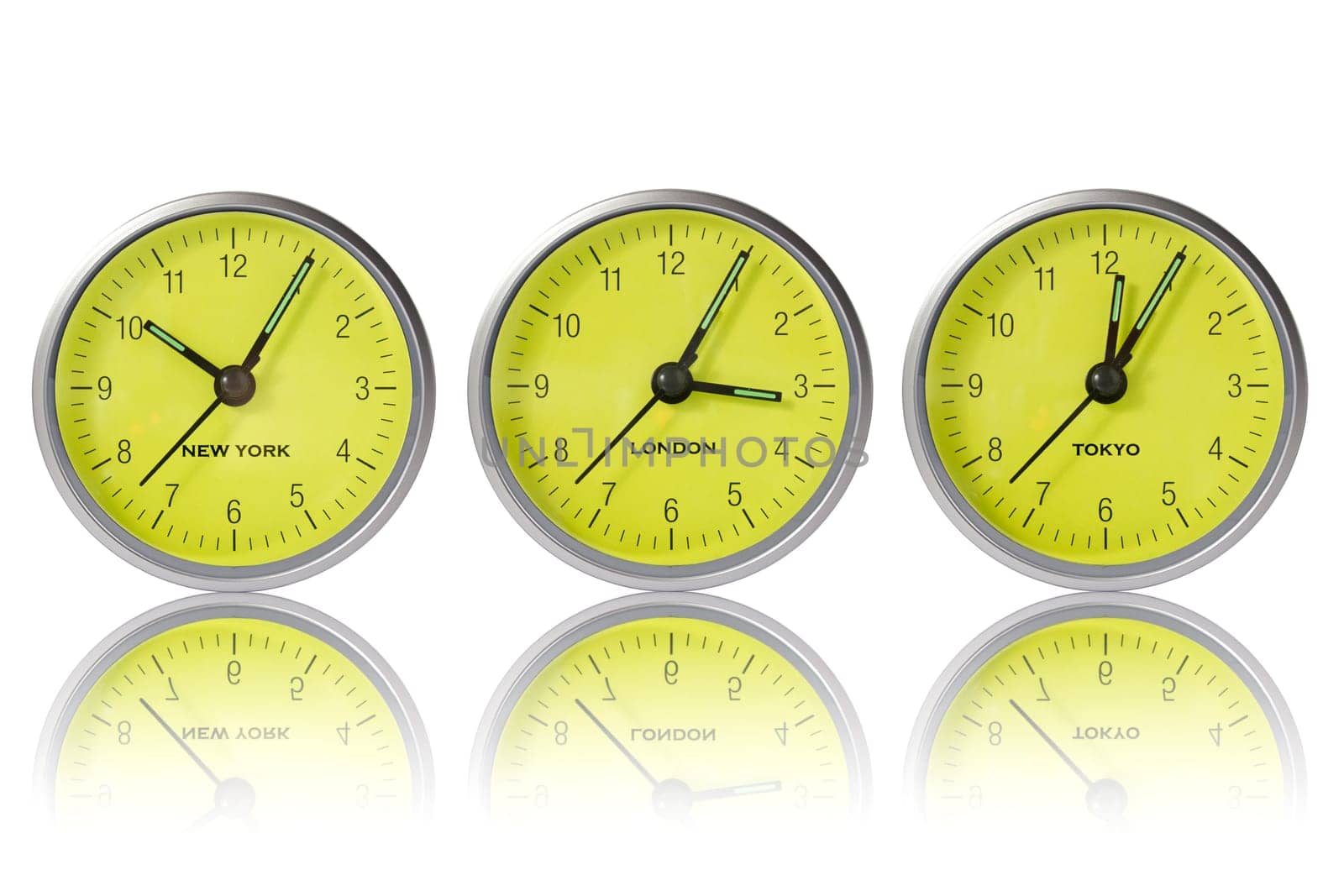 Time in New York, London and Tokyo, three watches on white background