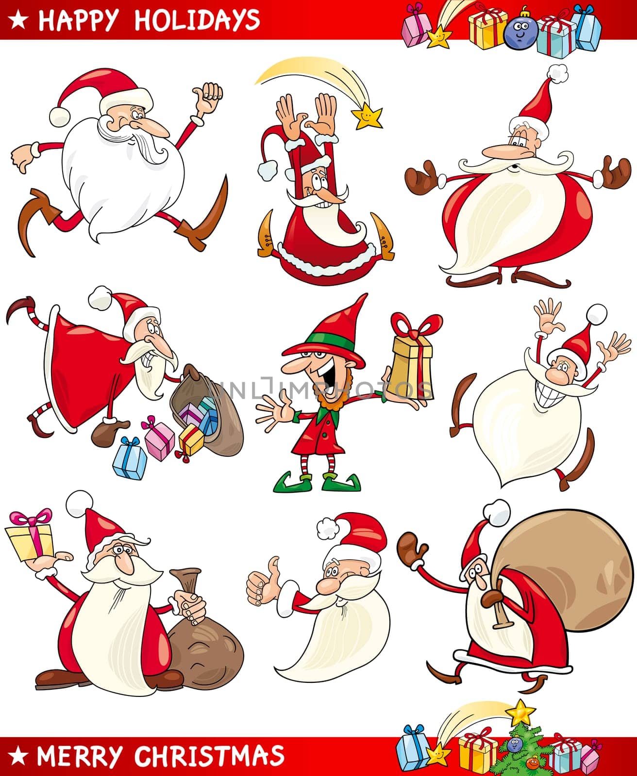 Cartoon Illustration of Santa Clauses, Christmas Elf and other Themes set