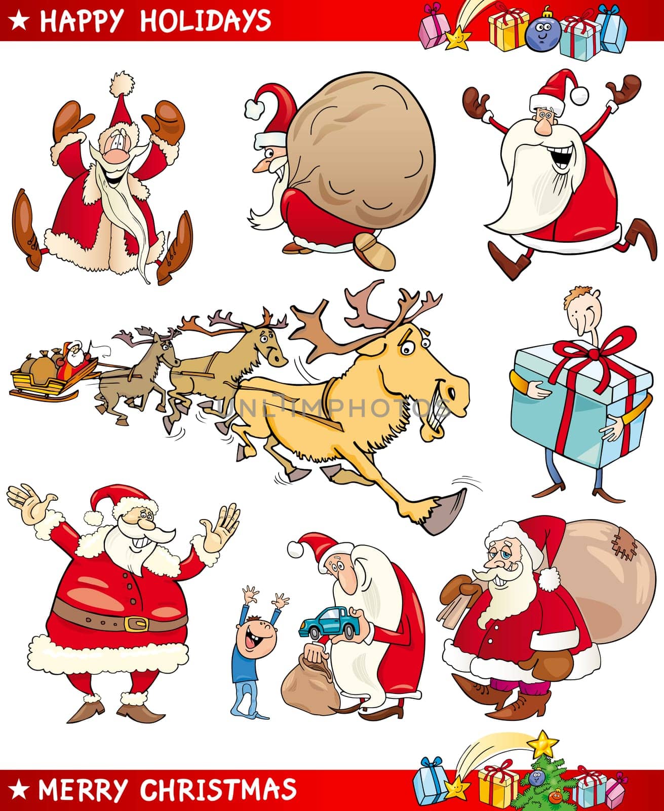 Cartoon Illustration of Santa Clauses and Christmas Themes set