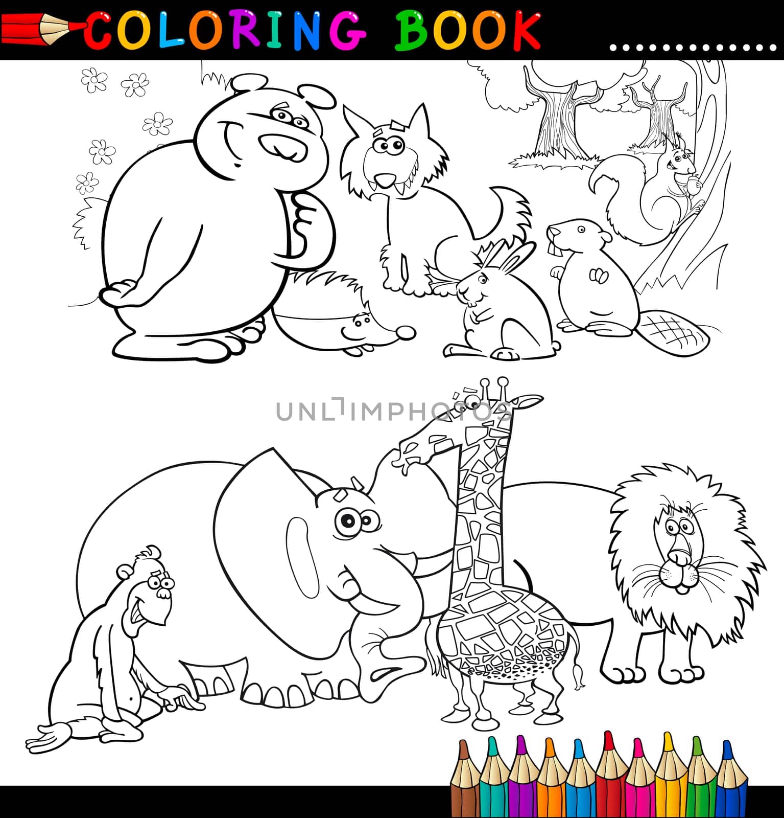 Coloring Book or Page Cartoon Illustration of Funny Wild and Safari Animals for Children