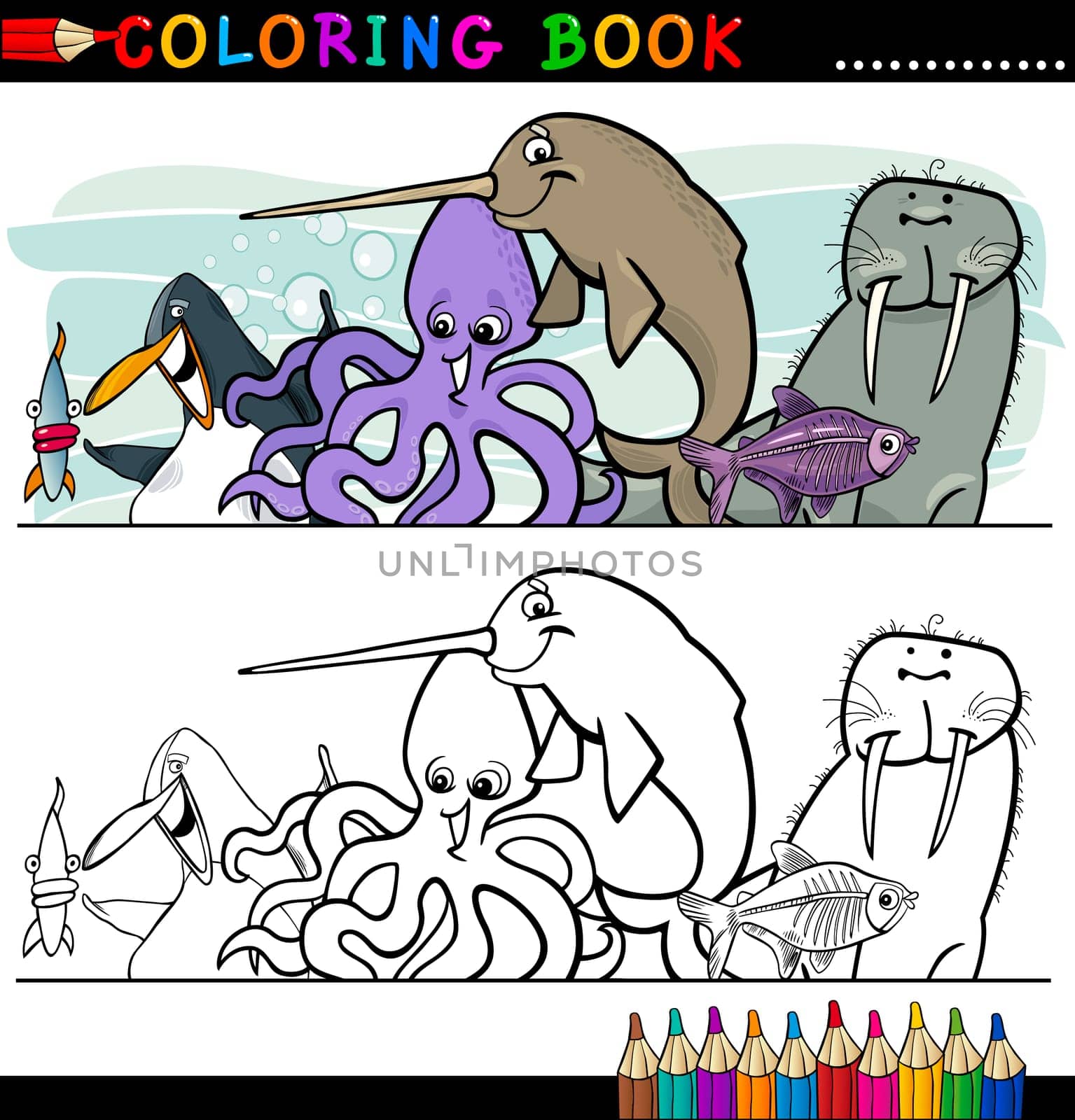 Coloring Book or Page Cartoon Illustration of Funny Marine and Sea Life Animals for Children Education