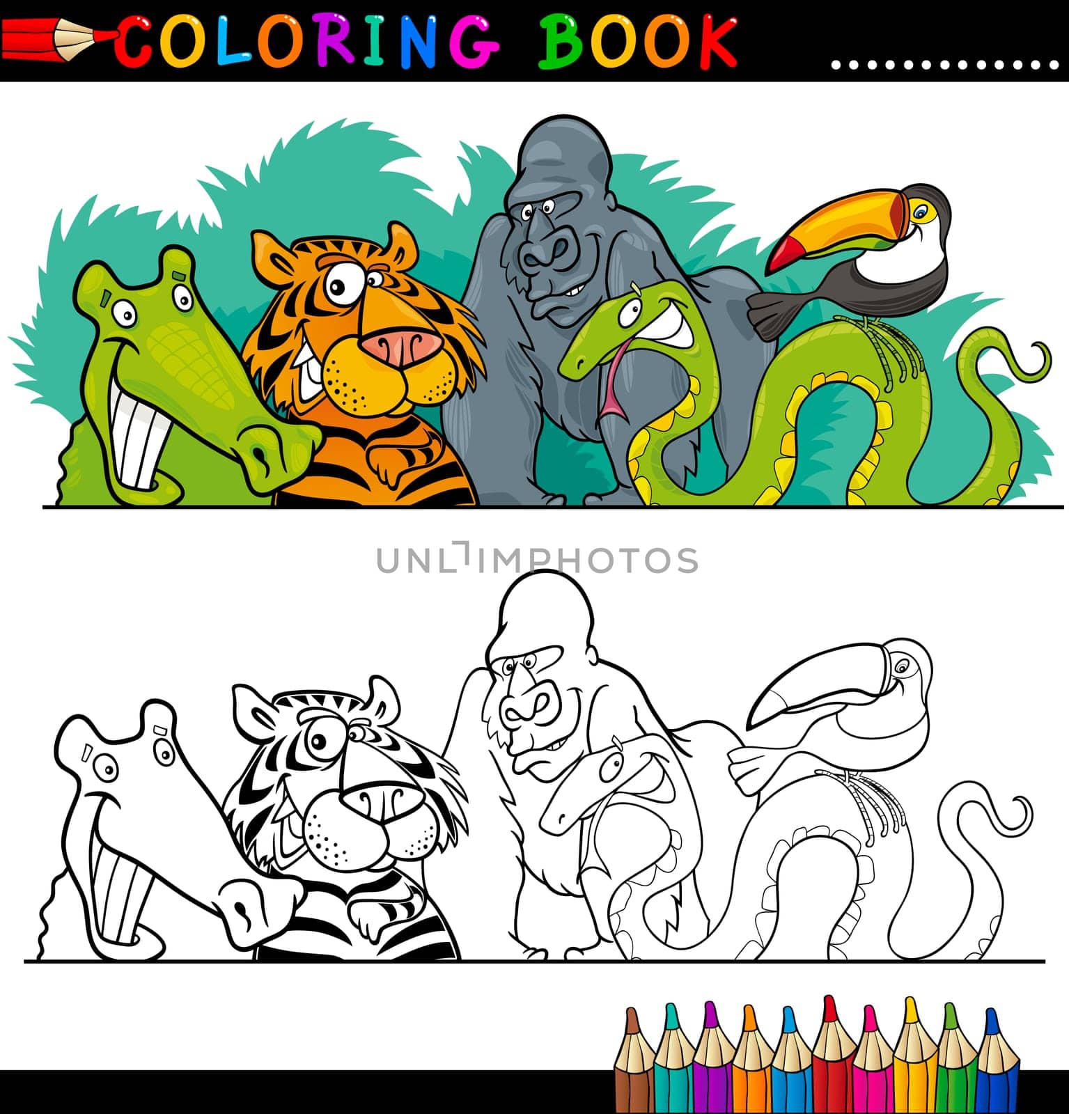 Coloring Book or Page Cartoon Illustration of Funny Wild Animals for Children Education