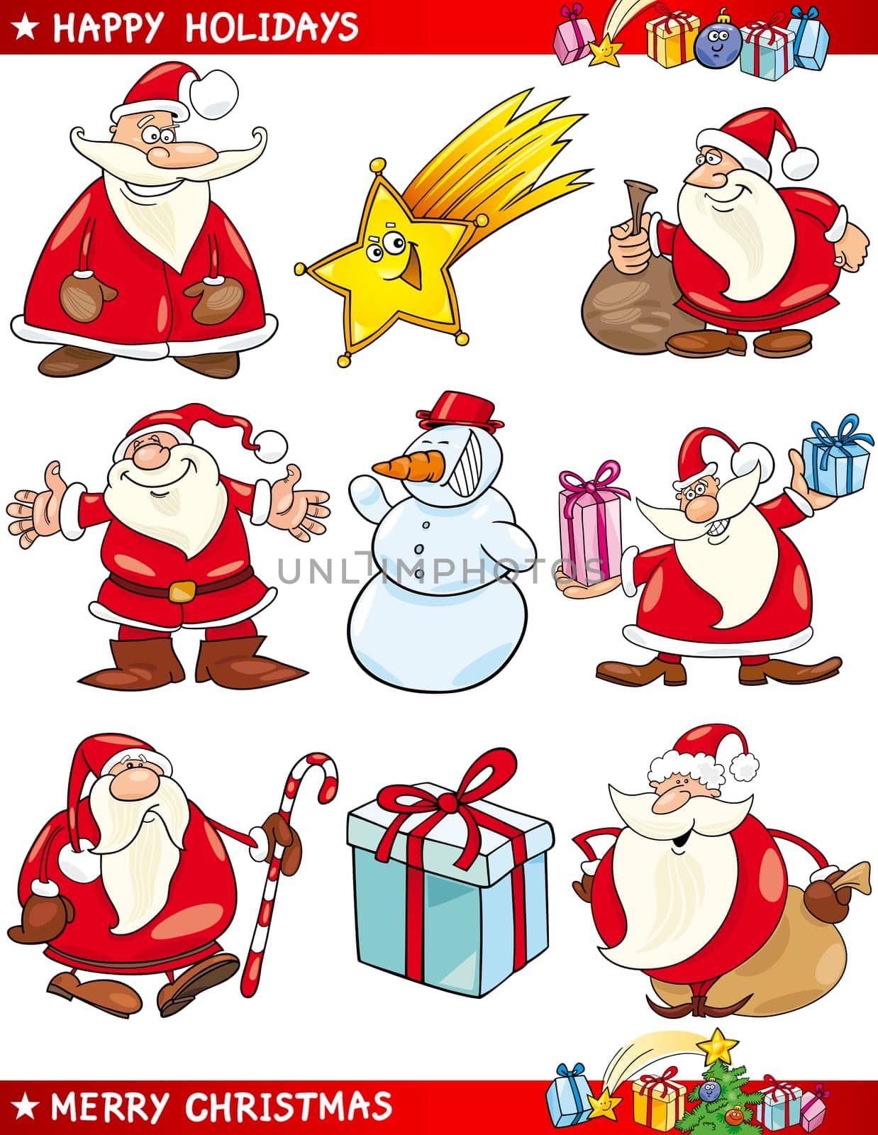 Cartoon Illustration of Santa Clauses, Christmas Star and other Themes set