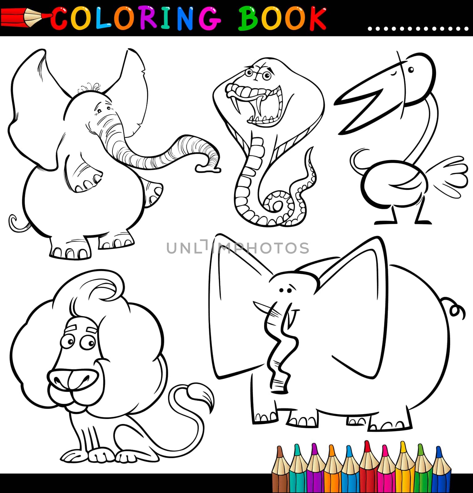 Coloring Book or Page Cartoon Illustration of Funny Wild and Safari Animals for Children