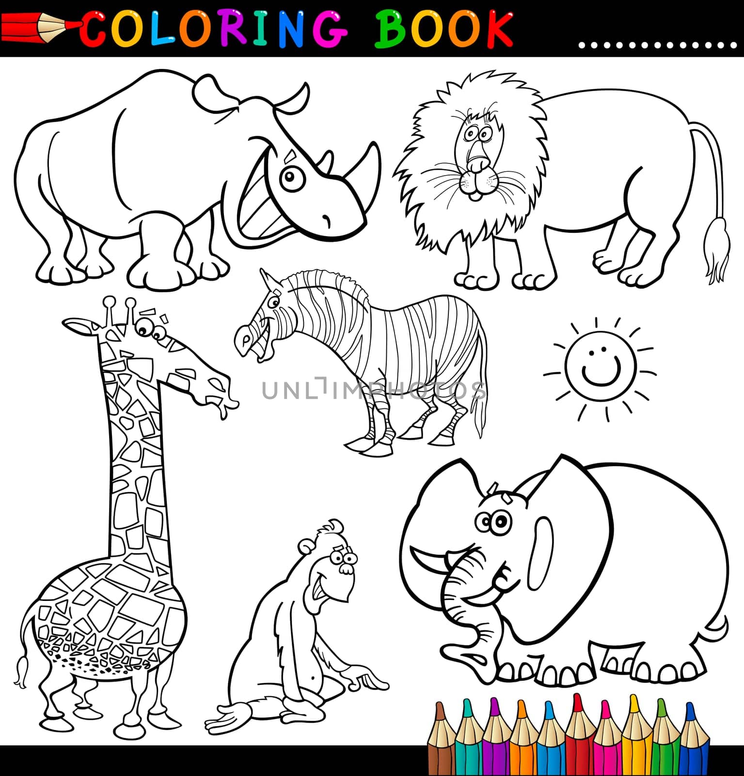 Coloring Book or Page Cartoon Illustration of Funny Wild and Safari Animals for Children