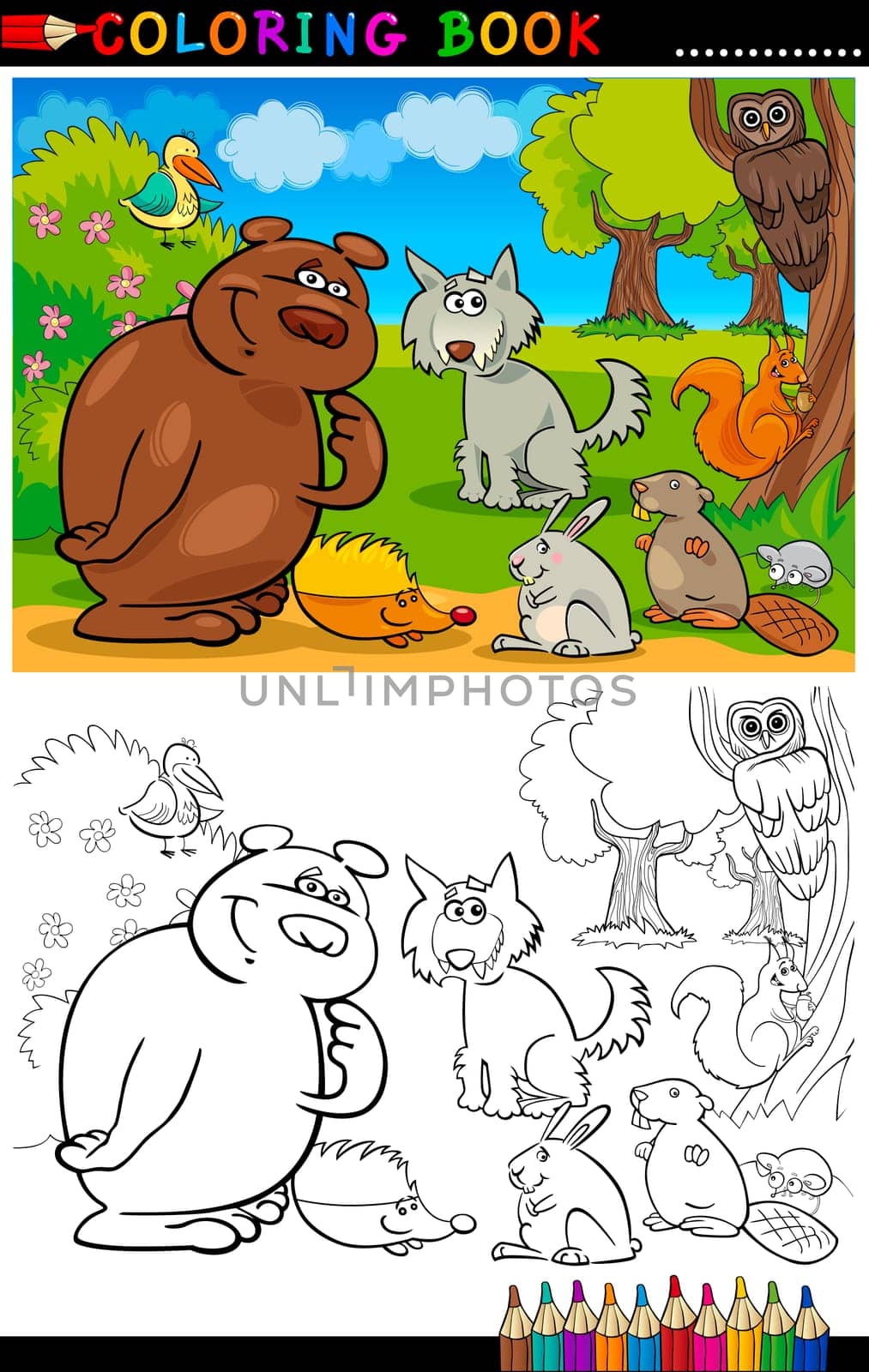Coloring Book or Page Cartoon Illustration of Funny Wild Animals for Children Education
