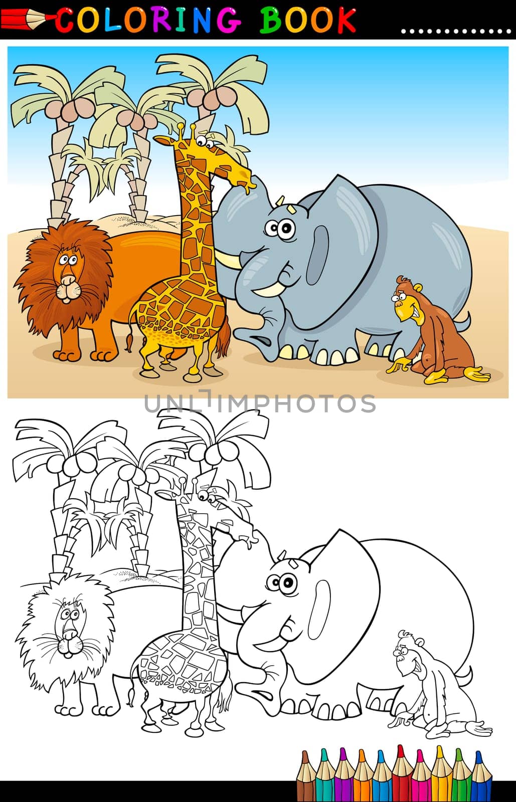 Coloring Book or Page Cartoon Illustration of Funny Wild and Safari Animals for Children Education