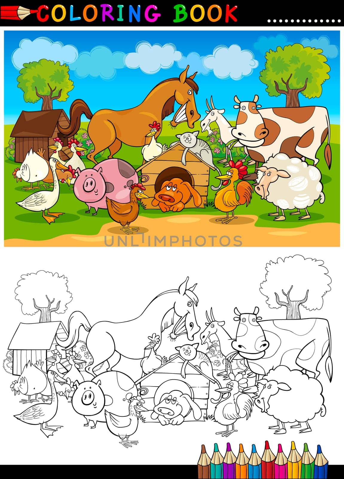 Coloring Book or Page Cartoon Illustration of Funny Farm and Livestock Animals for Children Education