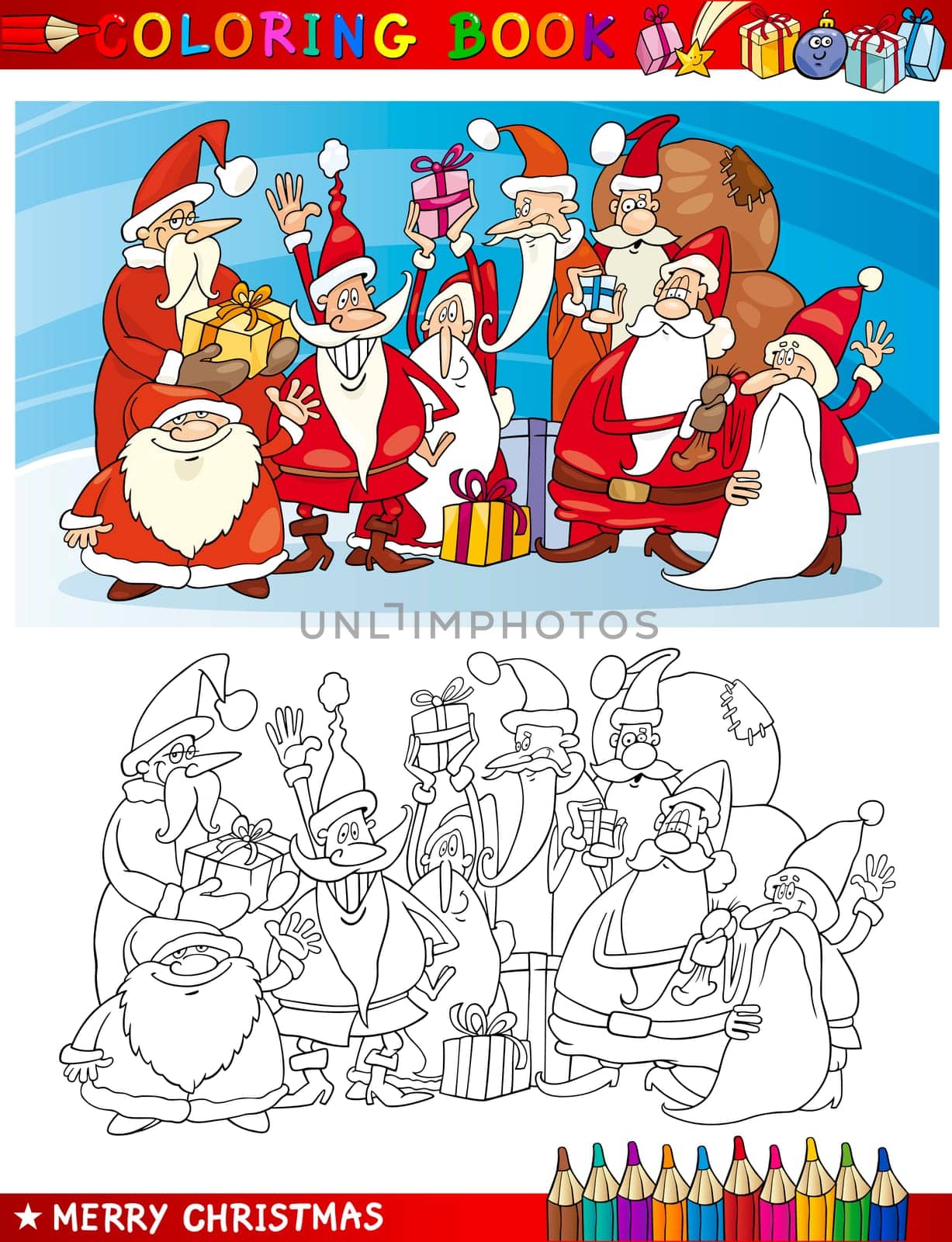 Coloring Book or Page Cartoon Illustration of Santa Clauses Christmas Themes for Children