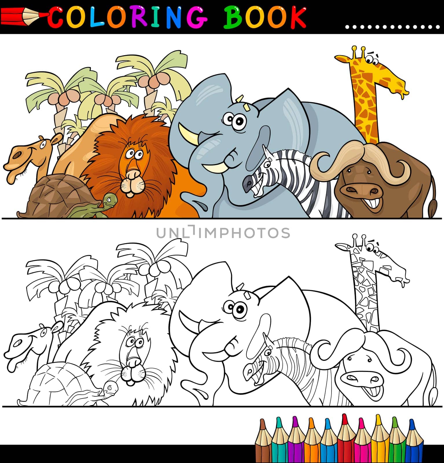 Coloring Book or Page Cartoon Illustration of Funny Wild and Safari Animals for Children Education