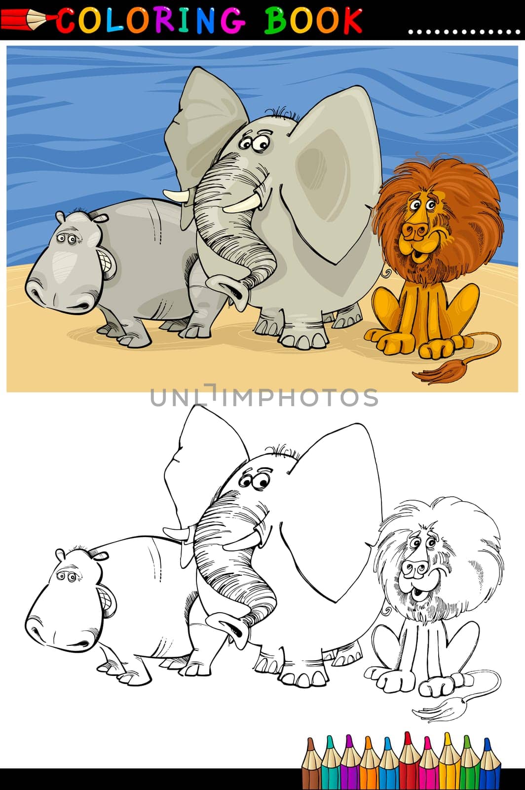 Coloring Book or Page Cartoon Illustration of Funny Wild and Safari Animals for Children Education