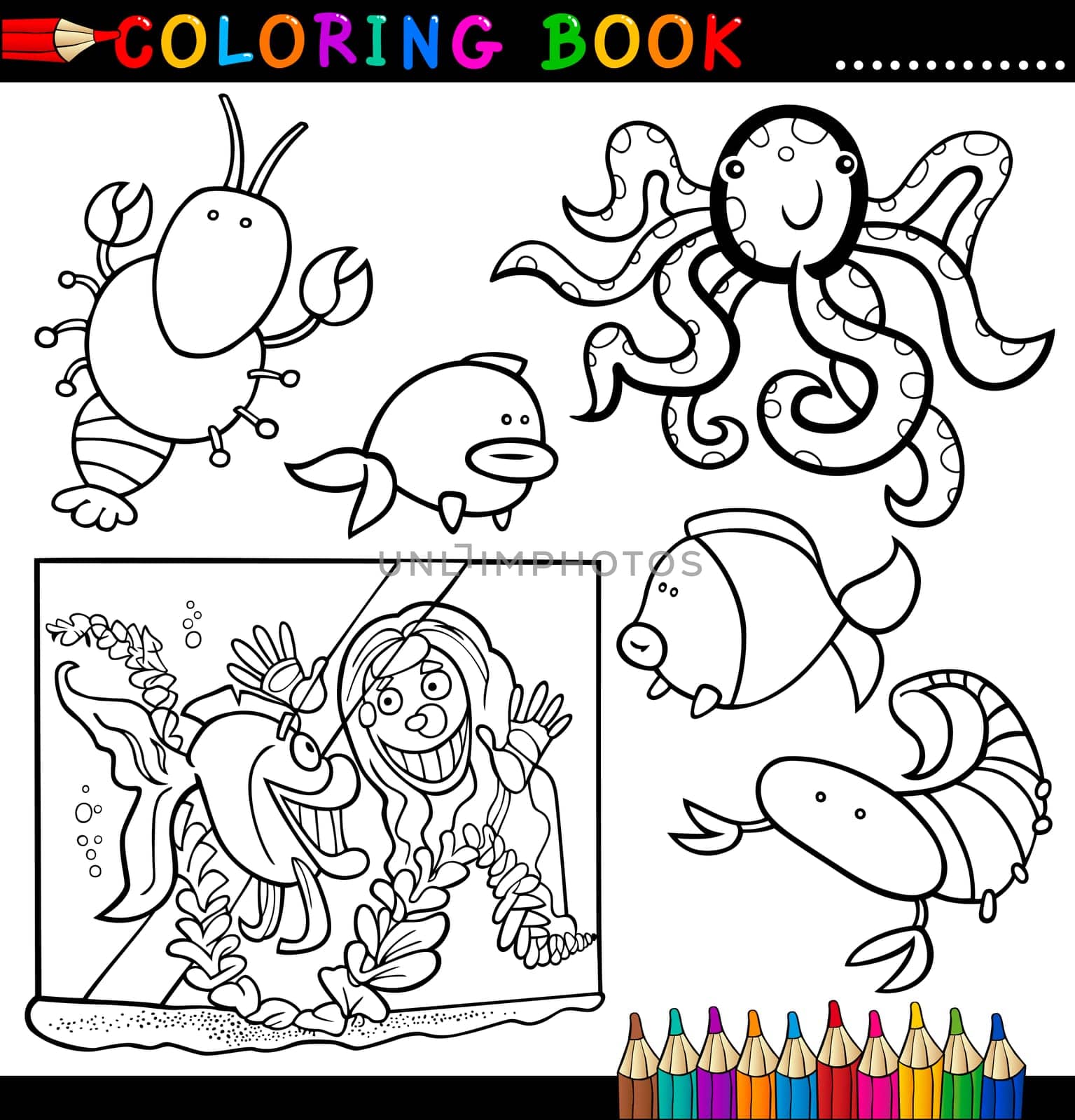 Coloring Book or Page Cartoon Illustration of Funny Marine Animals and Sea Life for Children