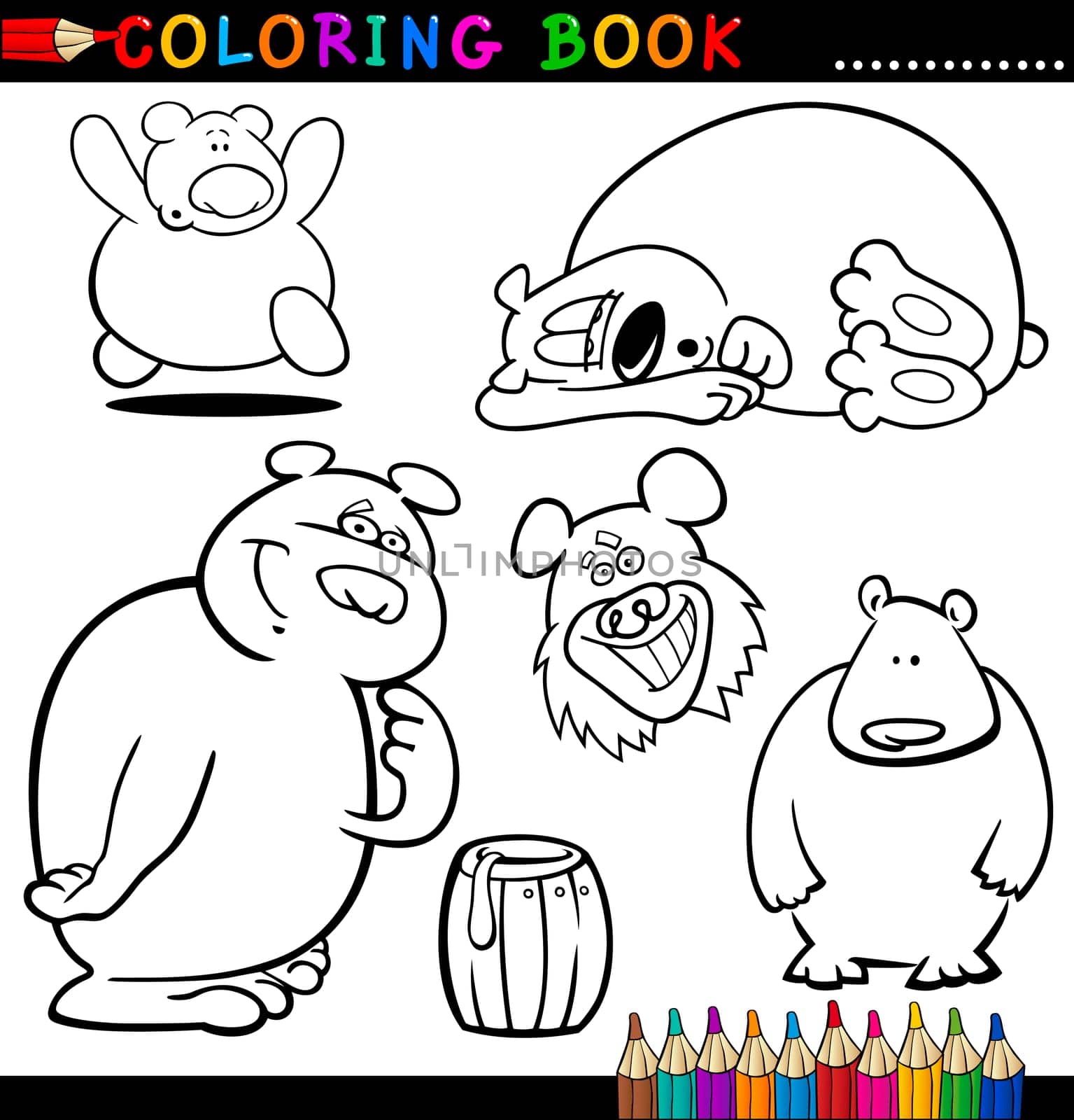 Coloring Book or Page Cartoon Illustration of Funny Bears for Children