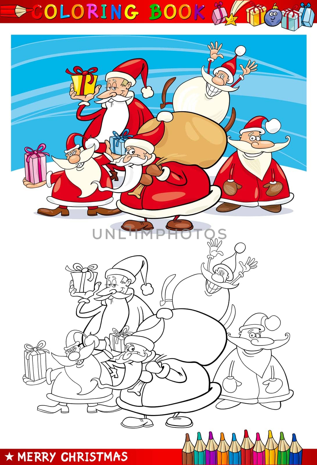 Coloring Book or Page Cartoon Illustration of Santa Clauses Christmas Themes for Children