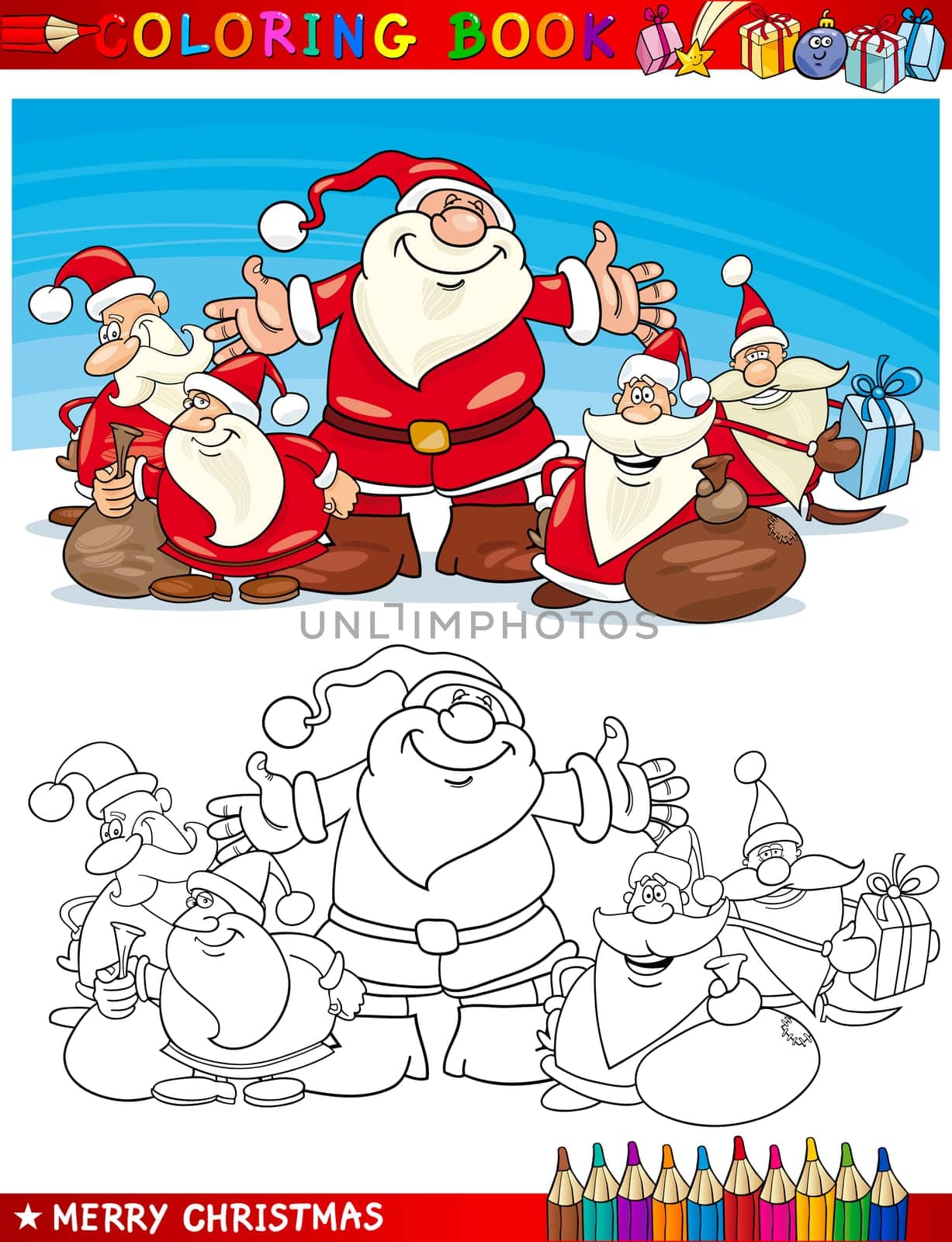 Coloring Book or Page Cartoon Illustration of Santa Clauses Christmas Themes for Children