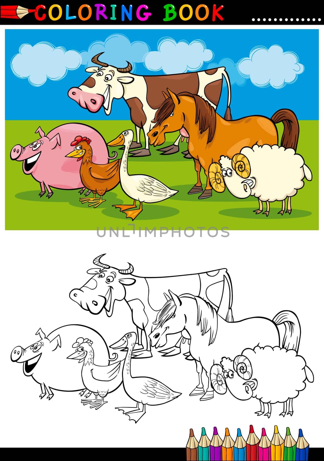 Coloring Book or Page Cartoon Illustration of Funny Farm and Livestock Animals for Children Education