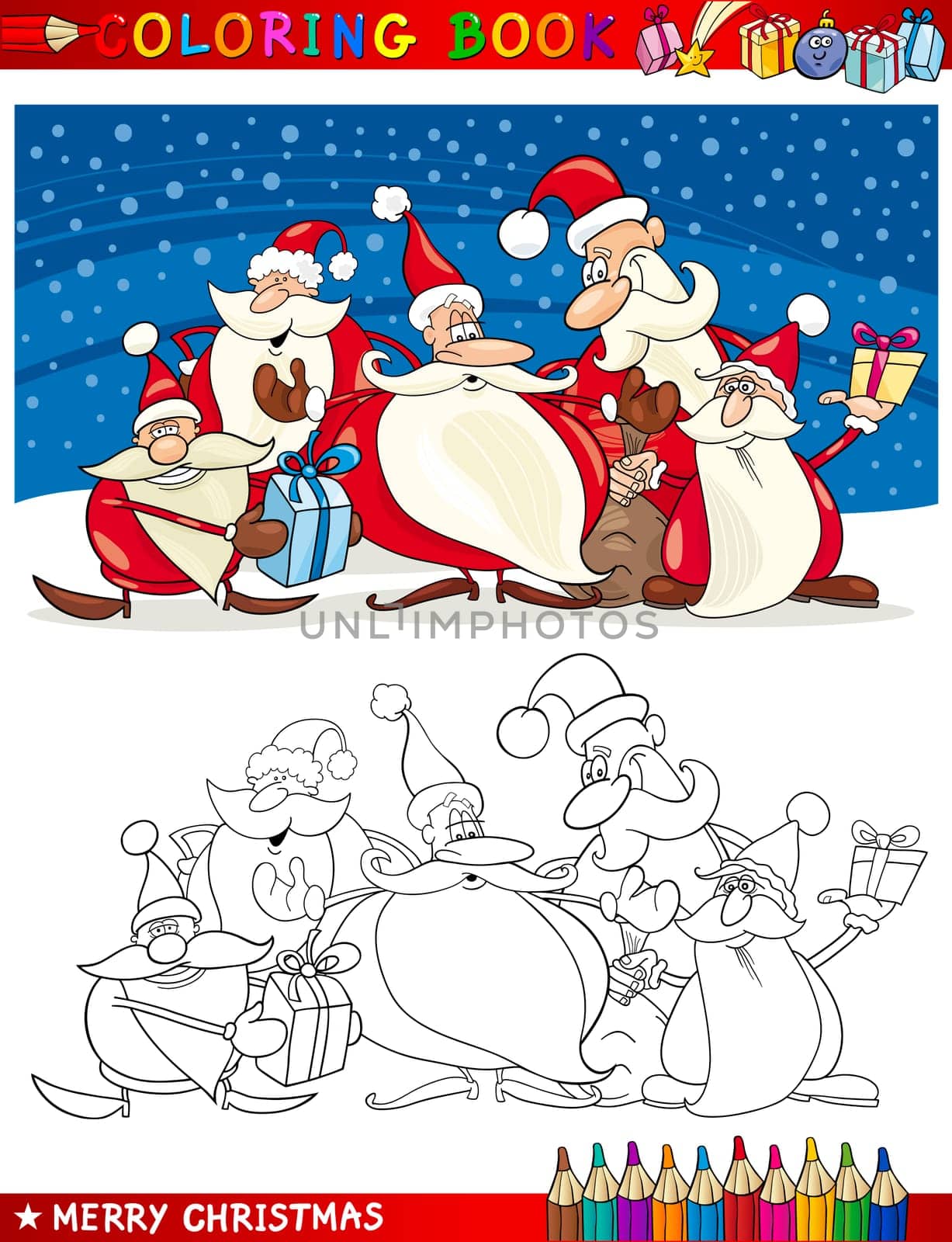 Coloring Book or Page Cartoon Illustration of Santa Clauses Christmas Themes for Children