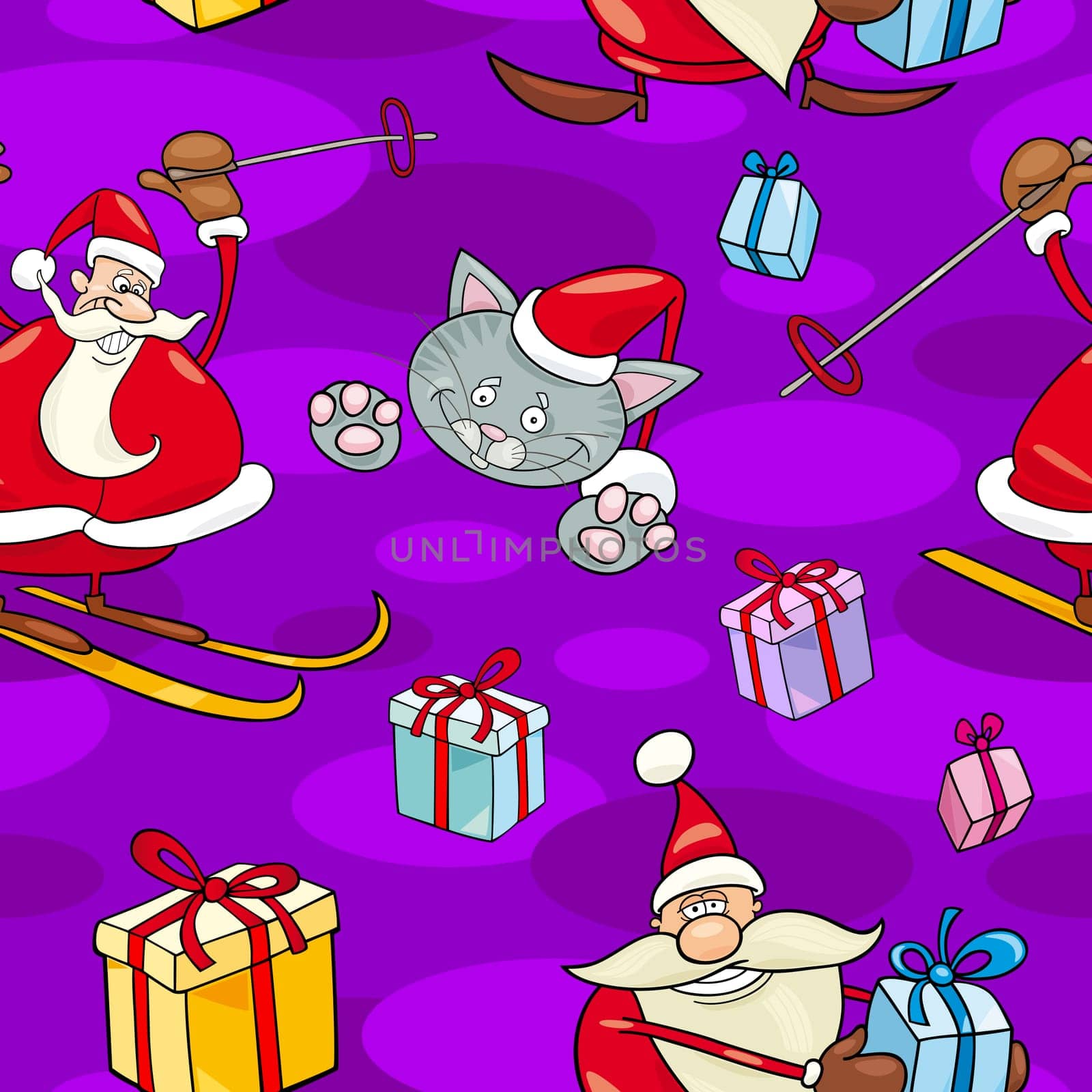 Seamless Pattern Cartoon Illustration of Santa Clauses and other Christmas Themes for Wrapper or Paper Pack and Design