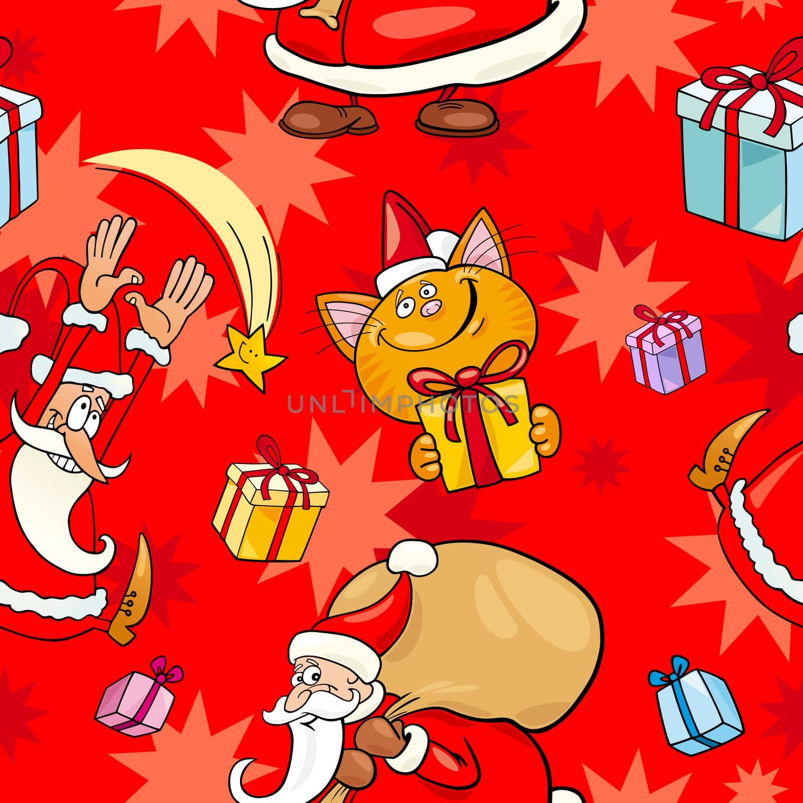 Seamless Pattern Cartoon Illustration of Santa Clauses and other Christmas Themes for Wrapper or Paper Pack and Design
