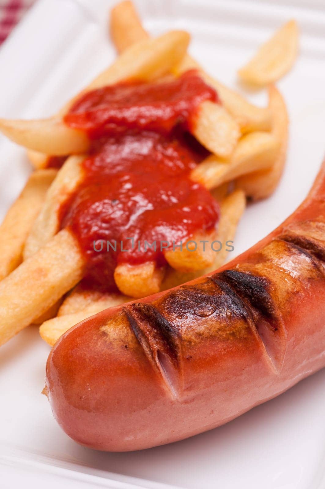 Close-up grilled red sausage and french fries