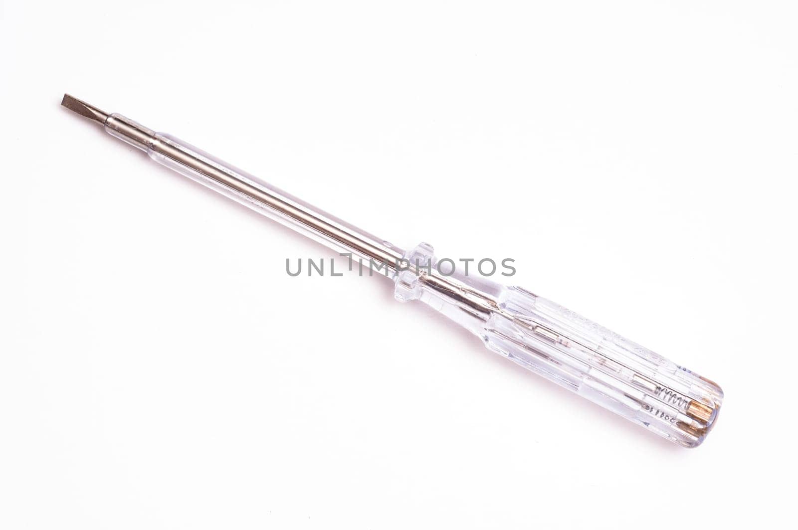 Screwdriver with single-phase voltage tester on white background