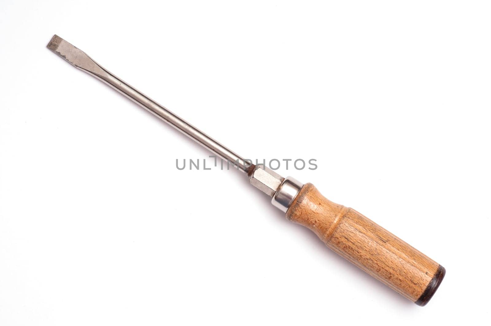 Screwdriver with wooden handle on white background