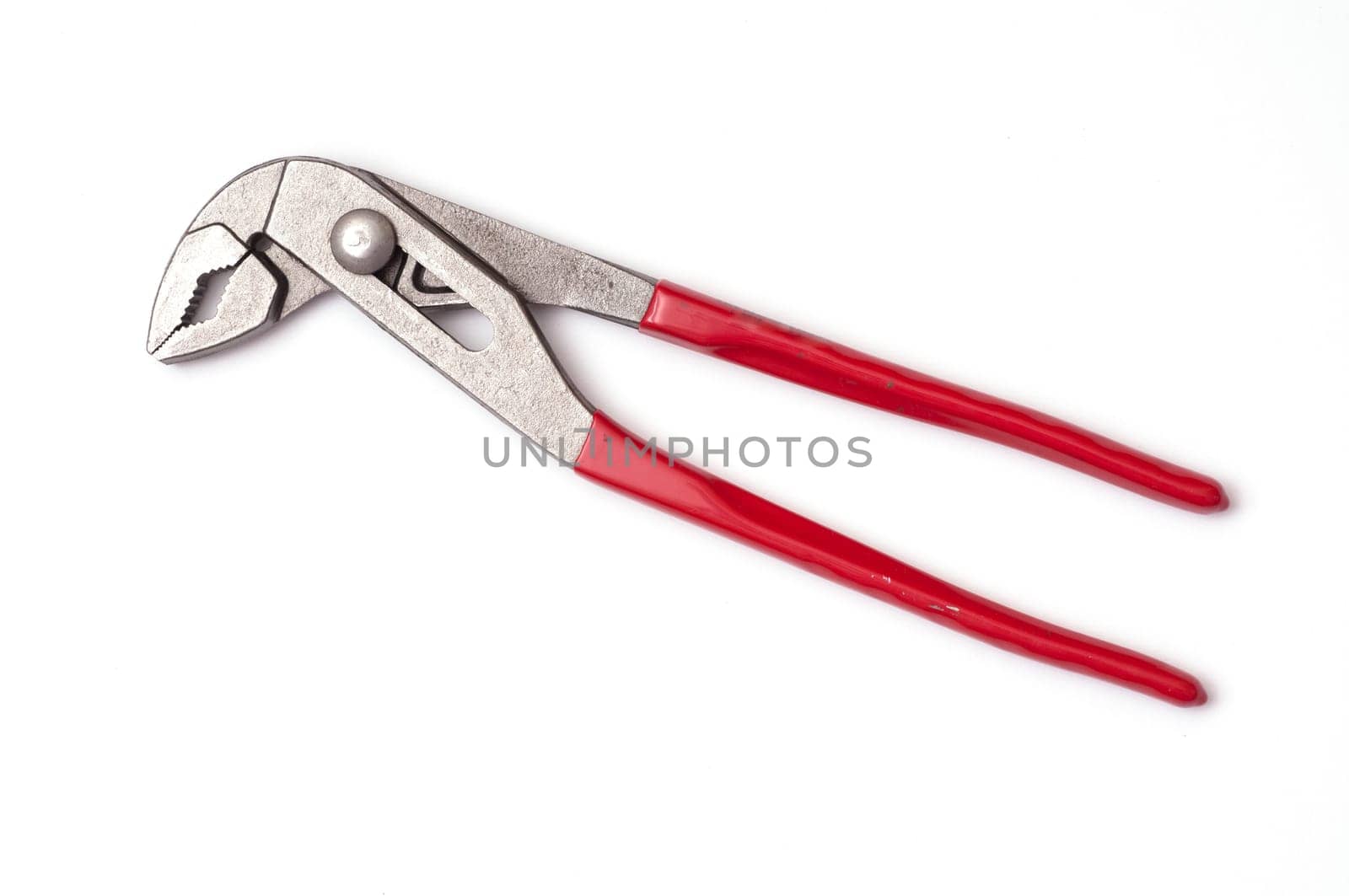 Pipe wrench with red handles on white background