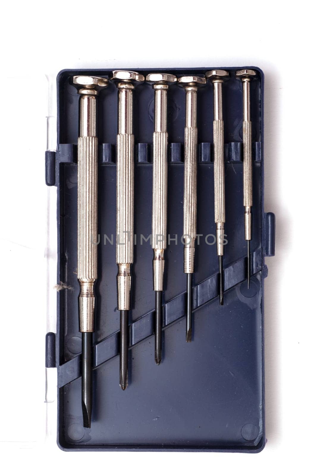 Set of watchmaker screwdrivers in a plastic box