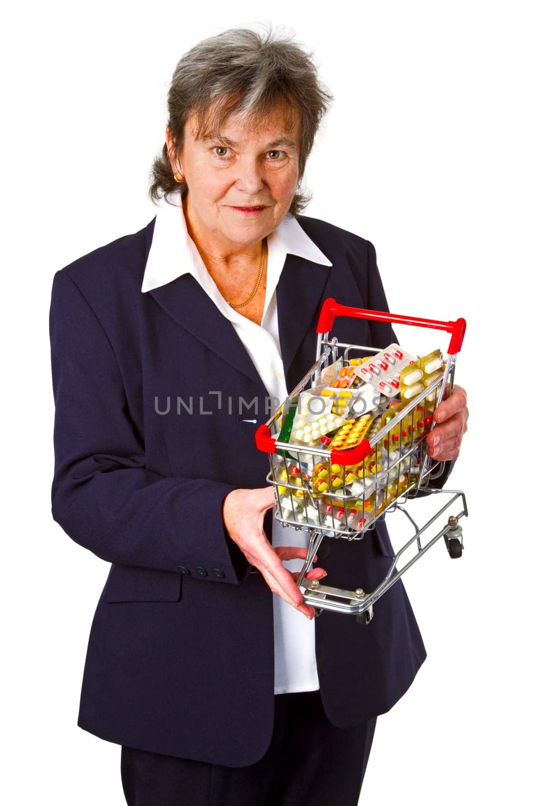 Senior woman with medicine - isolated on white background