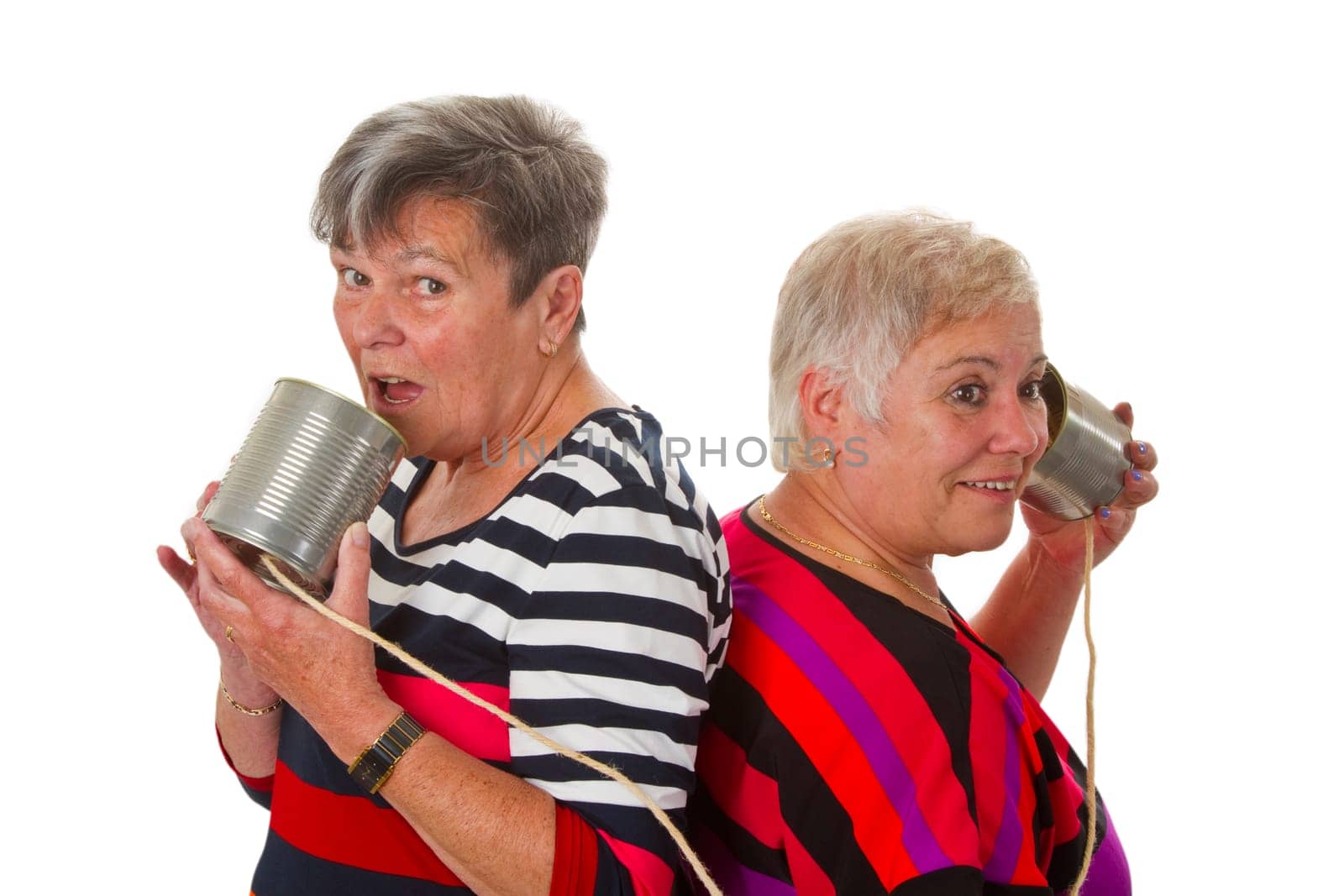 Senior citizens with tin can phone - isolated on white background