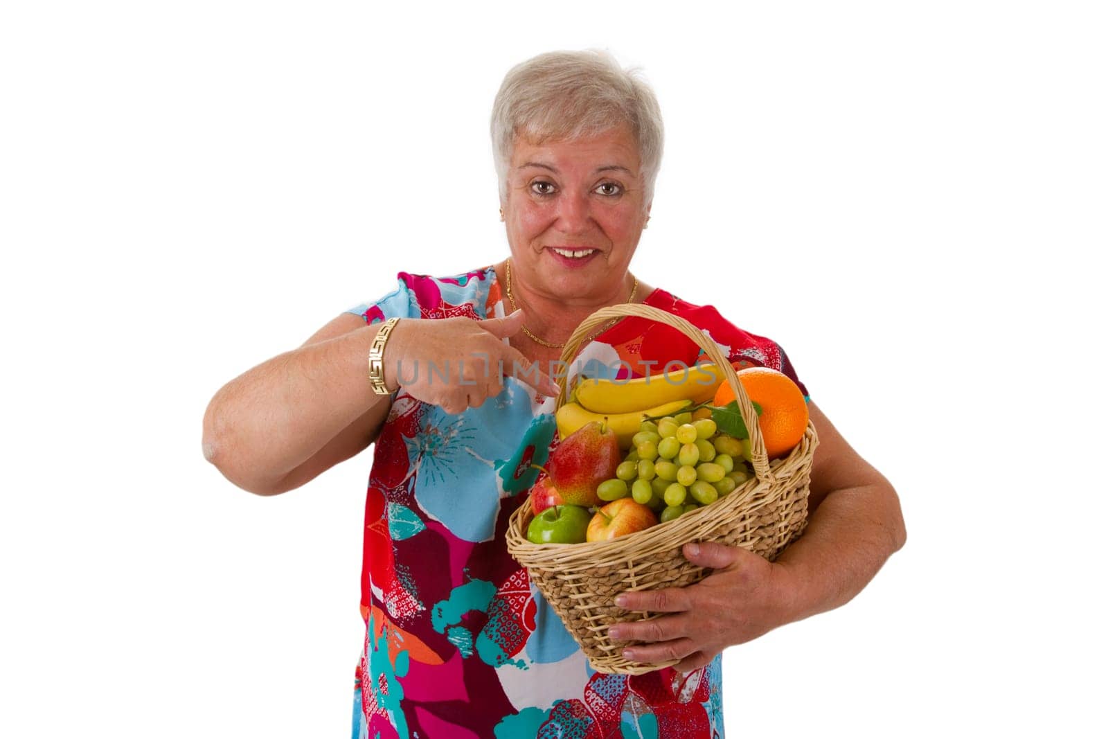 Senior woman with fresh fruit - isolated on white background