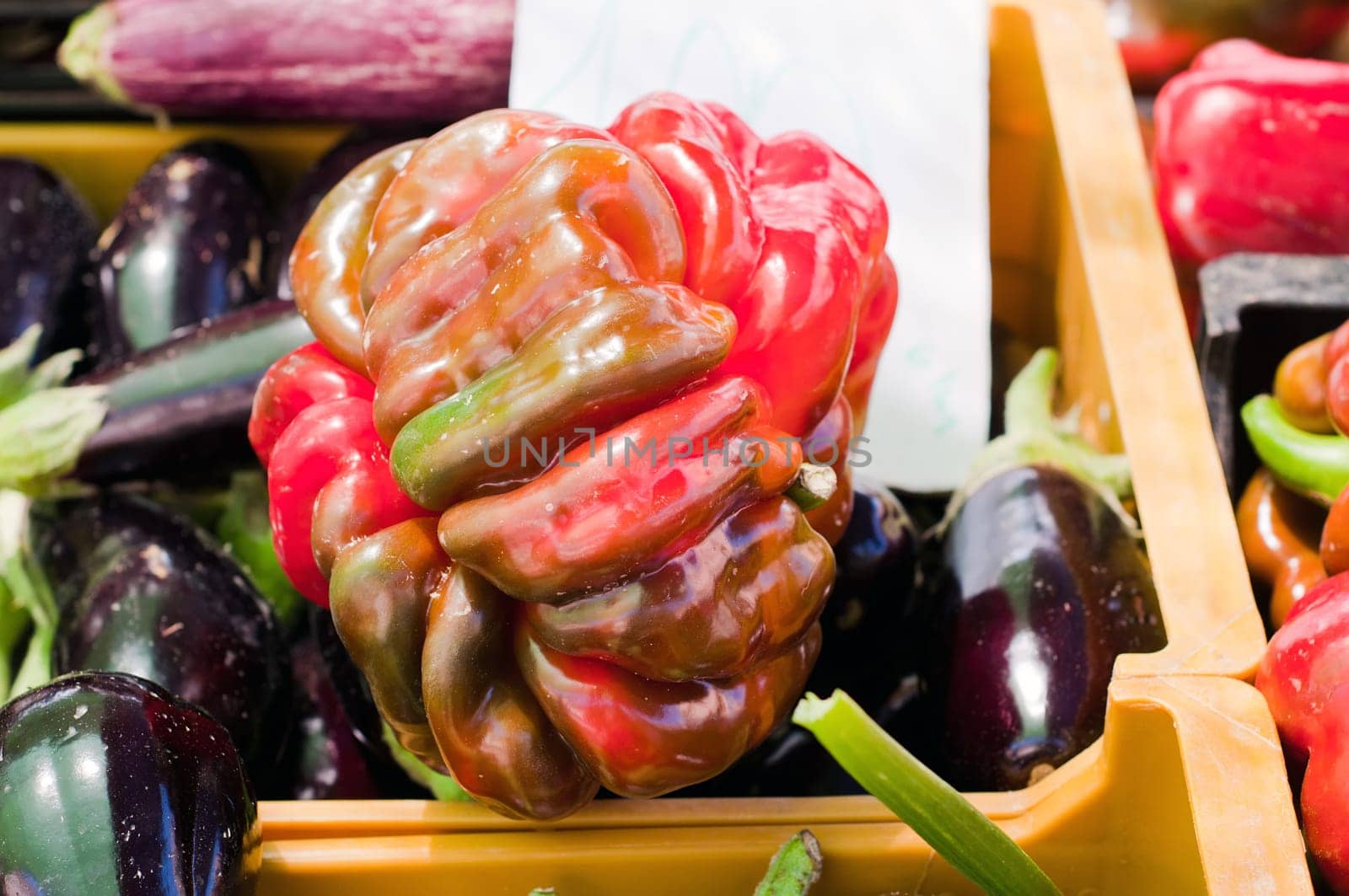 Unusual big paprika and eggplants in market
